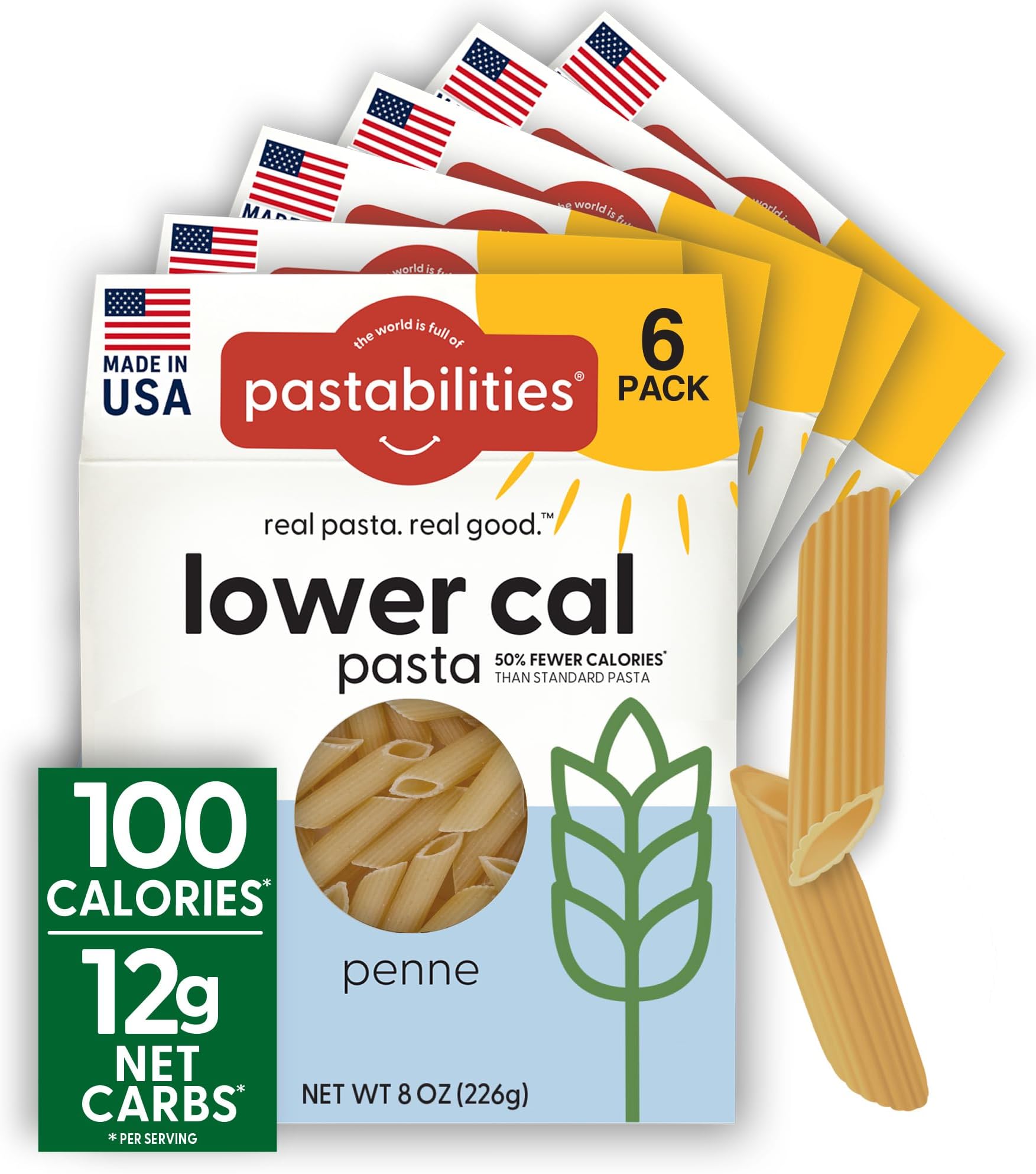 Pastabilities, Lower Calorie Pasta, Penne โ 100 Calories/Serving Low Net Carbs, Low Calorie, Non-GMO, High Fiber, Vegan, Plant-Based, Enhanced Nutrients, Delicious Taste & Texture (8 Ounce, 6 Pack)