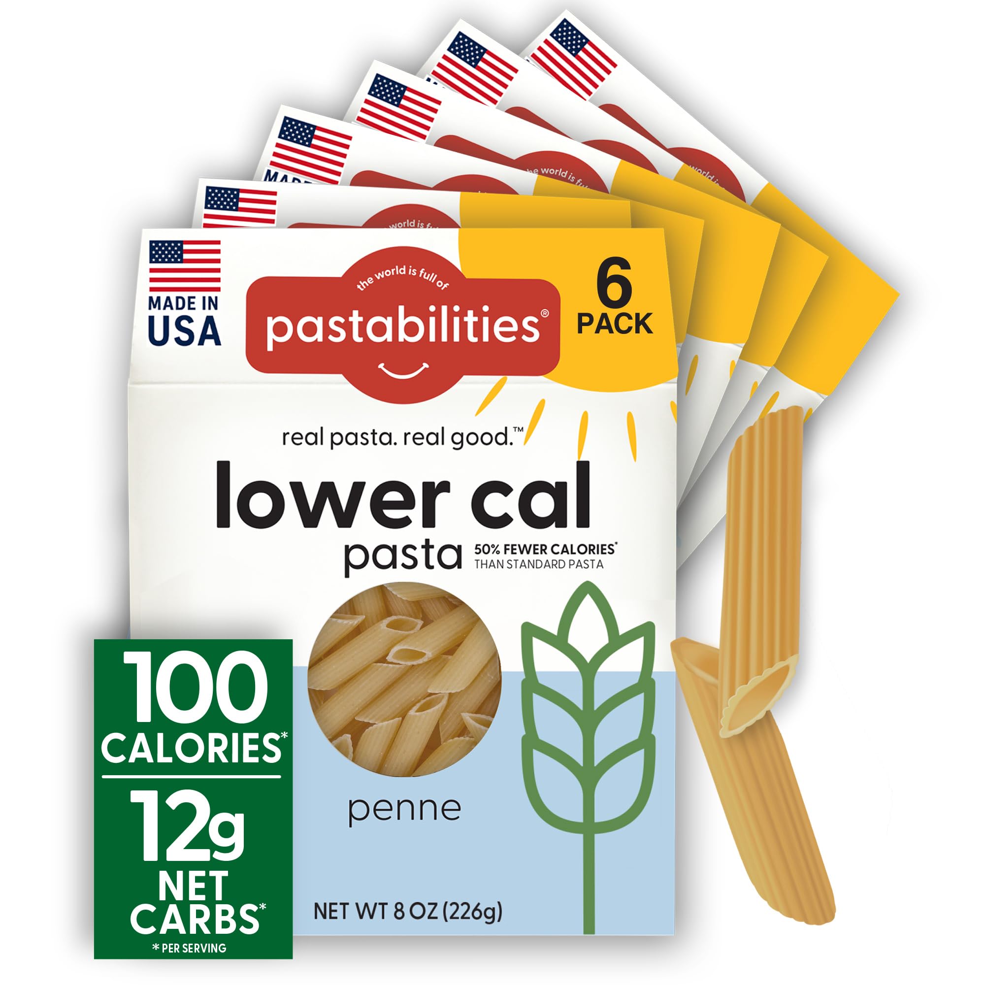 Pastabilities, Lower Calorie Pasta, Penne – 100 Calories/Serving Low Net Carbs, Low Calorie, Non-GMO, High Fiber, Vegan, Plant-Based, Enhanced Nutrients, Delicious Taste &amp; Texture (8 Ounce, 6 Pack)