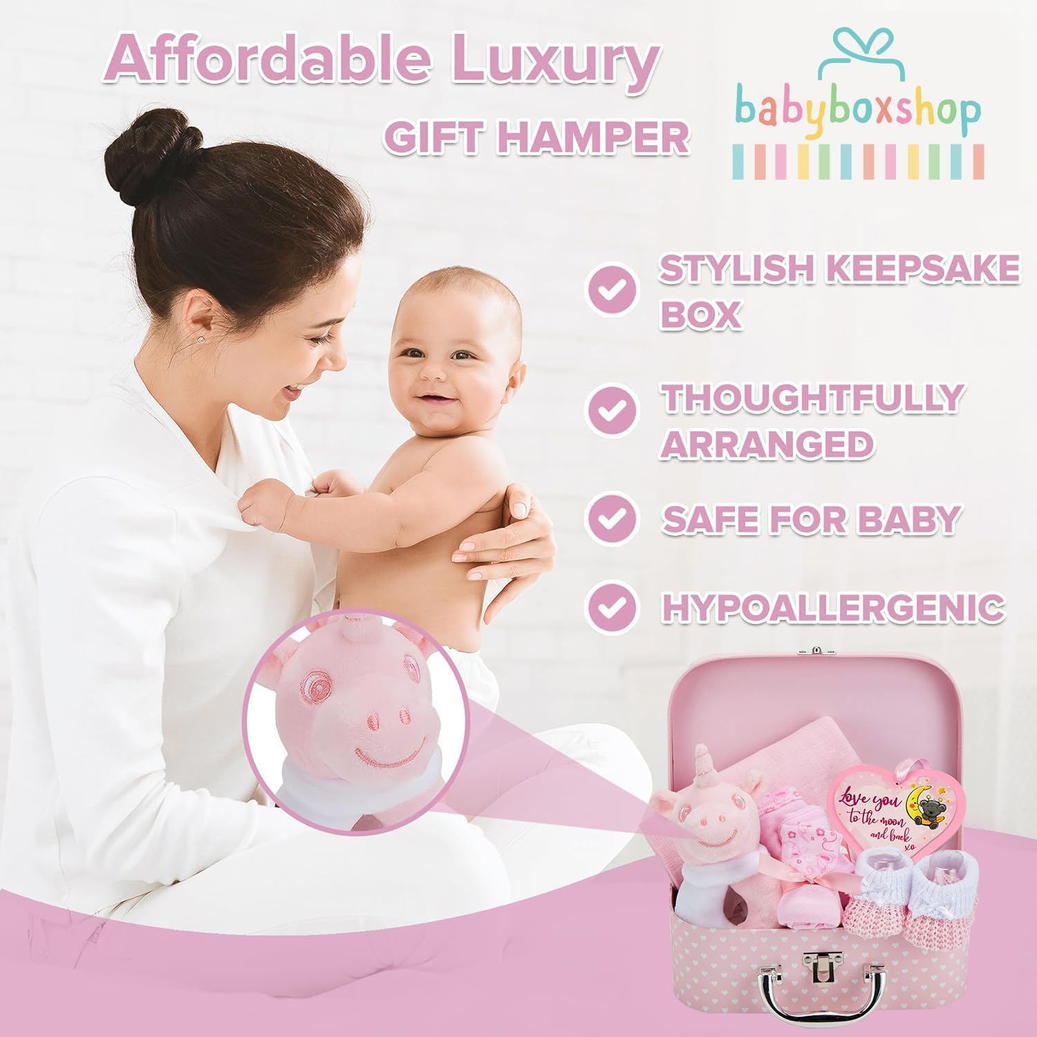 Baby Box Shop Baby Girl Gift Set Newborn Essentials in a Keepsake Box - All-in-One Ready-to-Gift Baby Shower Gift for Girls with Rattle Bib Booties Mittens Hat Muslin Cloth - Premium Baby Girl Hamper — view 4