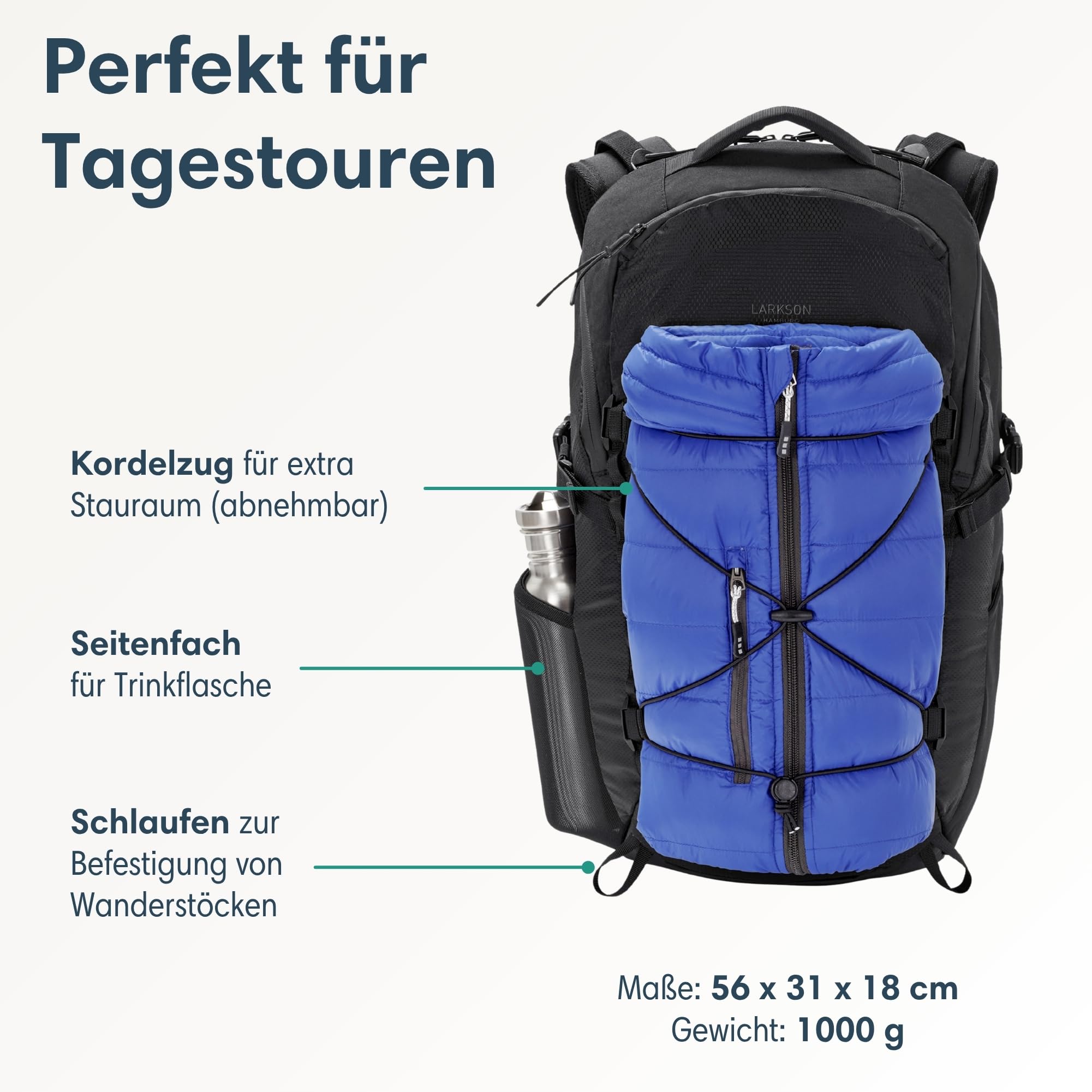 LARKSON Wanderrucksack Damen & Herren - Klint Large - Trekkingrucksack 30L - Wandern, Trekking, Camping, Klettern - Tagesrucksack mit Hüftgurt & Mesh-Polsterung