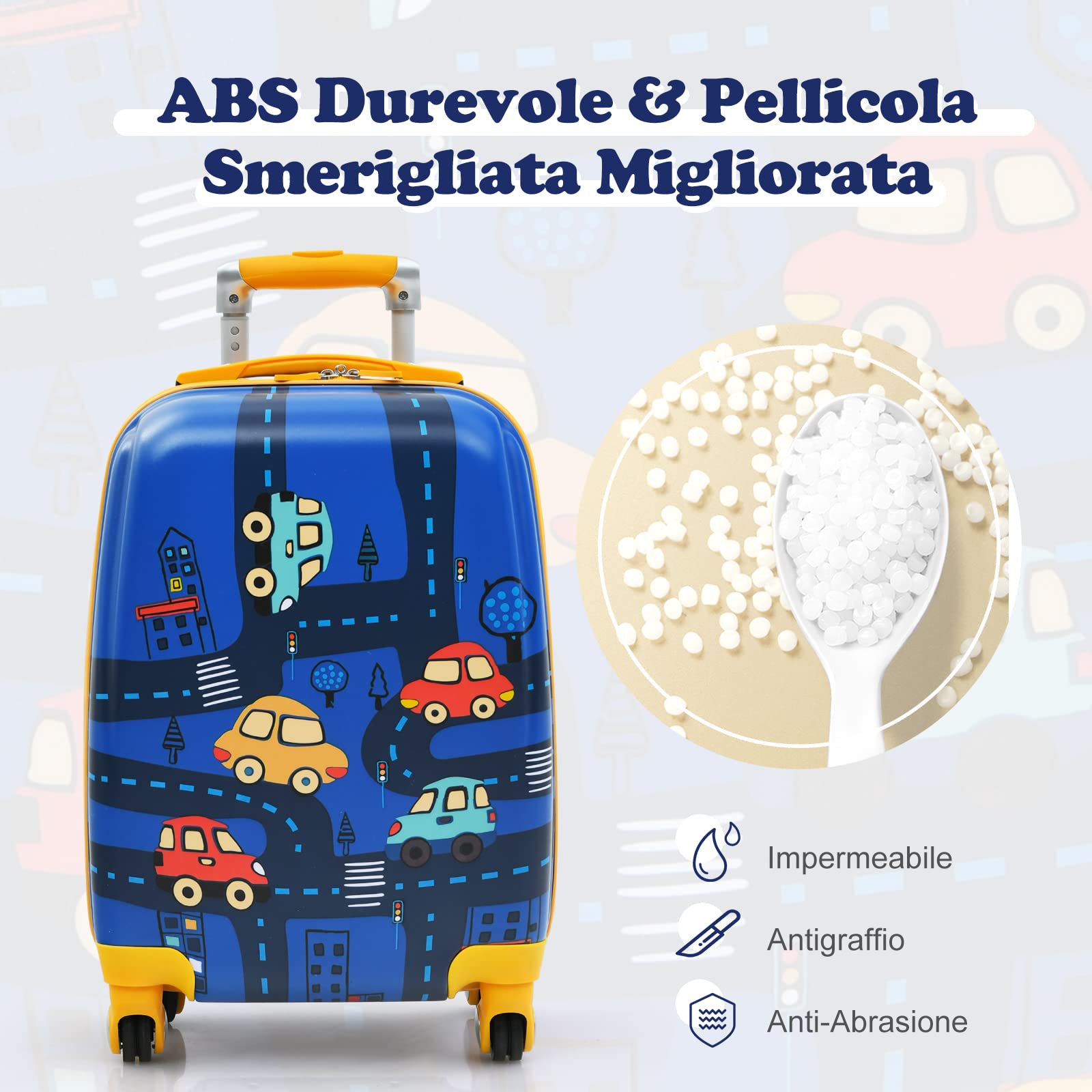 DREAMADE Trolley per Bambini, Set di Zaino + Trolley da Viaggio con Maniglia Leggero con Ruote (12"+18", Auto)