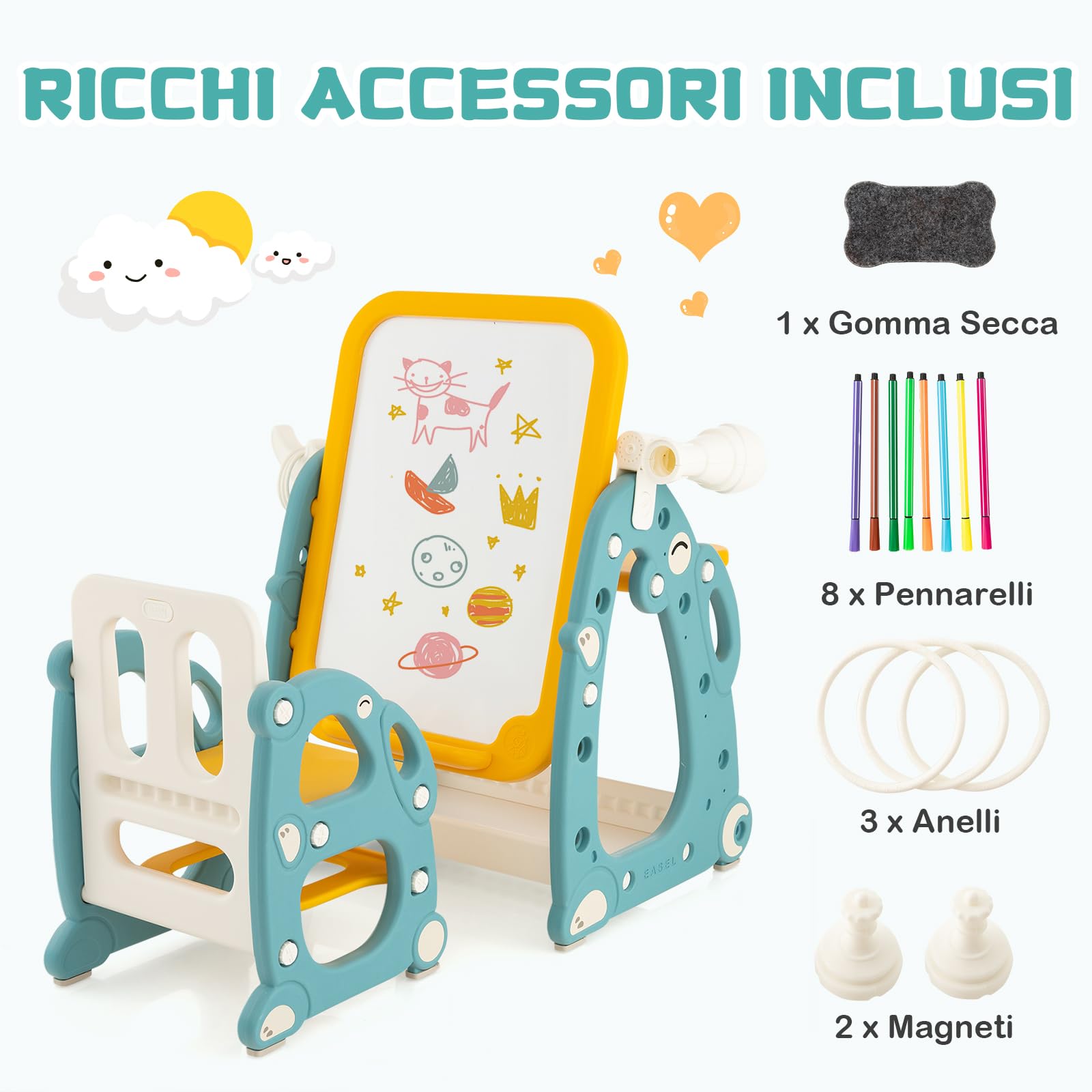 GYMAX Tavolozza Artistica 4 in 1 per Bambini con Sedia, Set Tavolo e Sedia per Disegno per Bambini con Lavagna Magnetica Regolabile, Lavagna Cancellabile e Pennarelli, per Bambini da 1 a 8 Anni