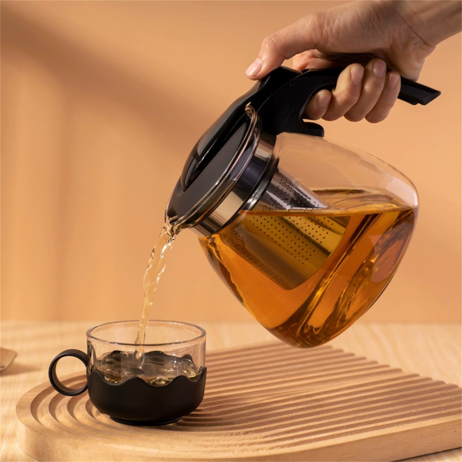 Tetera de Cristal Tetera de vidrio de 1100 ml con tapa de un toque, colador de acero inoxidable, separador de agua de té, juego de tetera individual