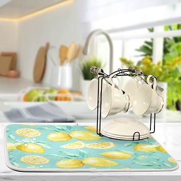 Absorbent Dish Drying Mat for Kitchen Counter - Yellow lemon teal background Microfiber Drying Pad, Reversible Drainer Mats for Countertop, Medium 16 x 18 inch