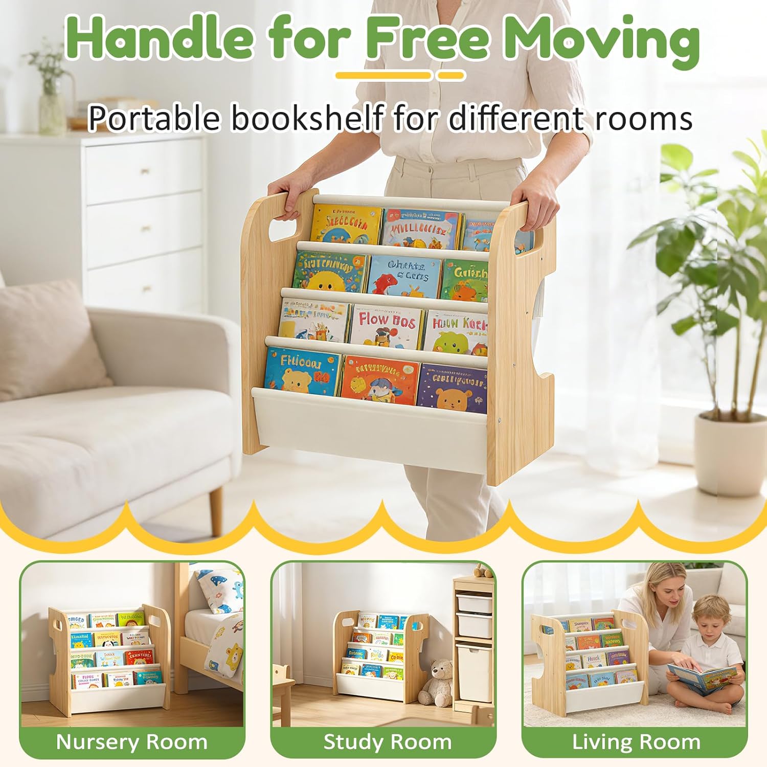 XiaZ Bookshelf for Kids Room Wooden Montessori Toddler Bookshelf Solid Pine C-Frame Child Book Shelf with Handle, Portable 4-Tier Kids Nursery Book Organizer Bookcase Easy Install for Study Room