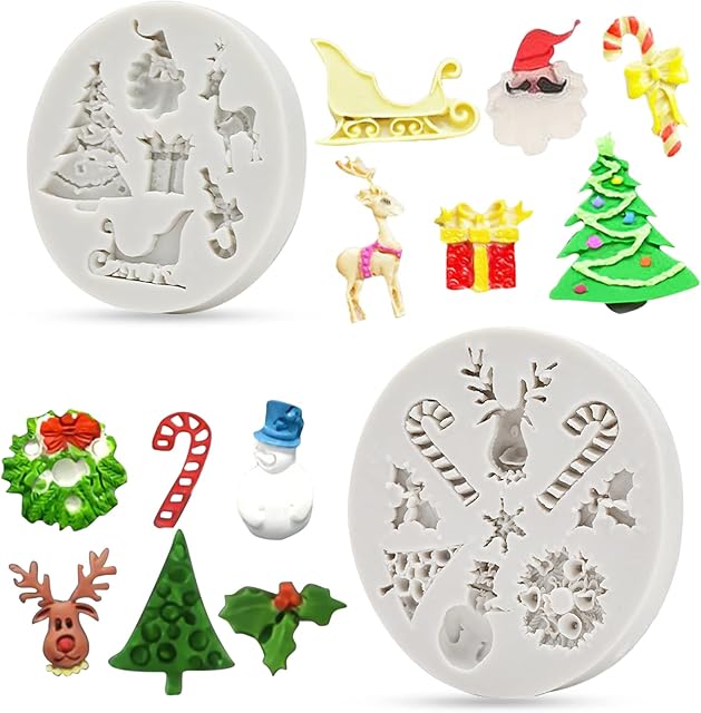 Christmas Candy Chocolate Baking Mould, Xmas Fondant Silicone Mold, Christmas Tree Santa Elk Cane Gift Box Wagon Assorted DIY Patterns for Christmas New Year Party Dinner Cake Making Decor