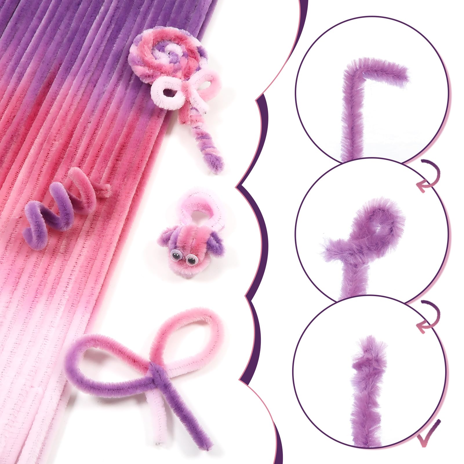 TOAOB 100pcs Pipe Cleaners Gradient Light Pink Purple Chenille Stems with Disposable Latex Finger Craft Supplies Wire Bending Plush for Art Projects DIY Decorations - Image 4