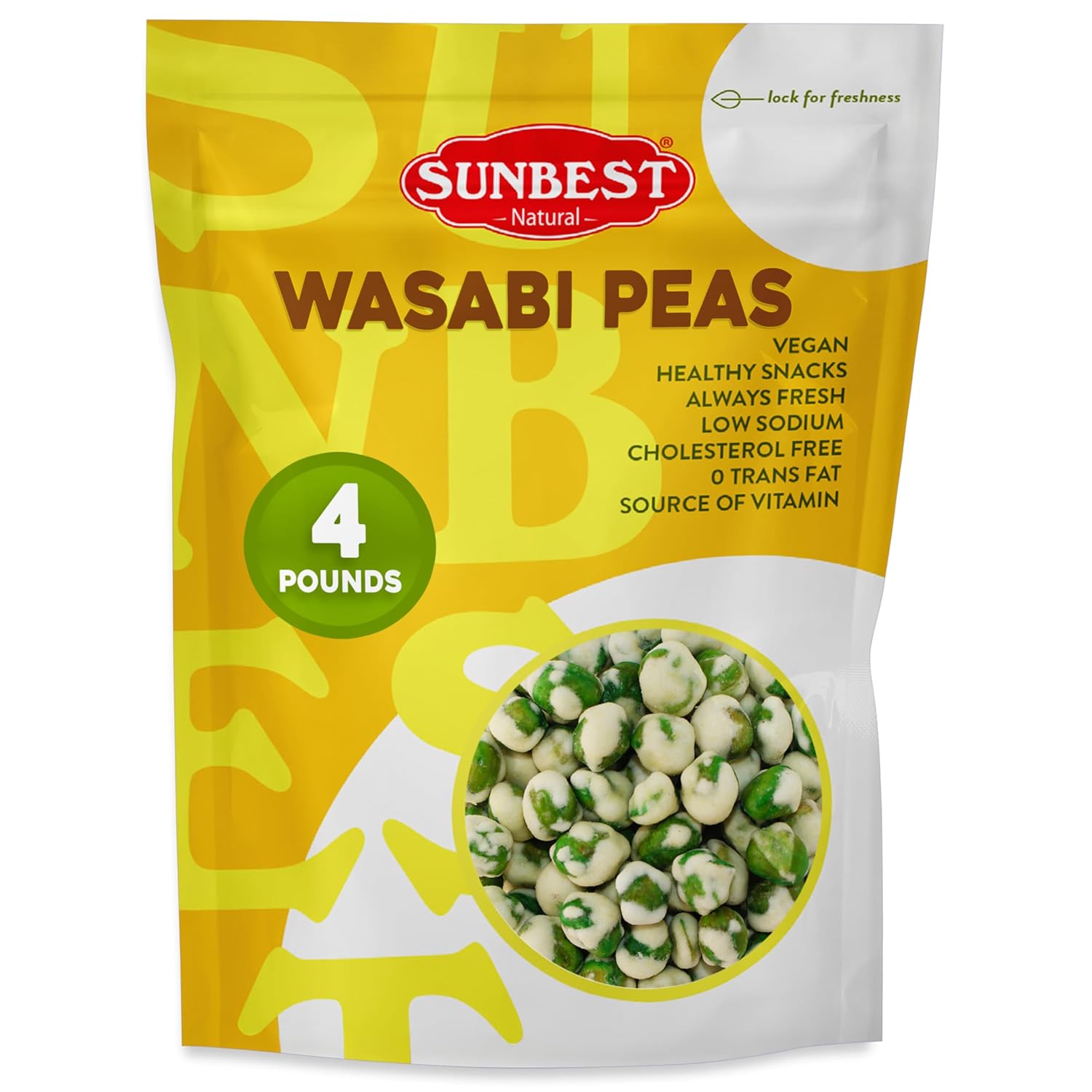 Sunbest Natural Wasabi Peas 4 Pound (64 oz) Bulk Bag - Spicy & Crunchy Snack - Protein-Packed Healthy & Addictively Bold - Roasted-Veggie - Kosher, Vegan, Keto, Paleo - Gluten-Free, Fresh up to 16 Months