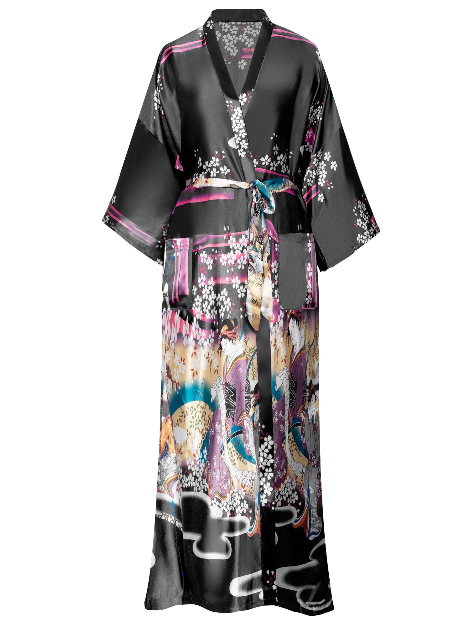 VintageClothing Womens Plus Size Satin Kimono Robes Long Floral Silky Loungewear Patterned Sleepwear Dressing Gown