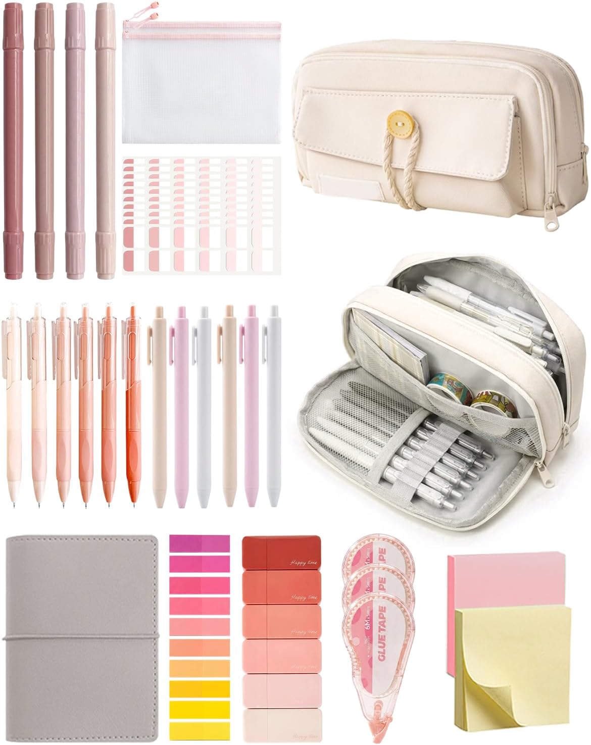 42pcs Cute Pencil Case, Large Capacity Study Pouch Bag with 4-Compartments, Portable Soft Canvas Easy Carry for Library and Office Supplies Kit, Elegant Aesthetic Study for Women (beige)