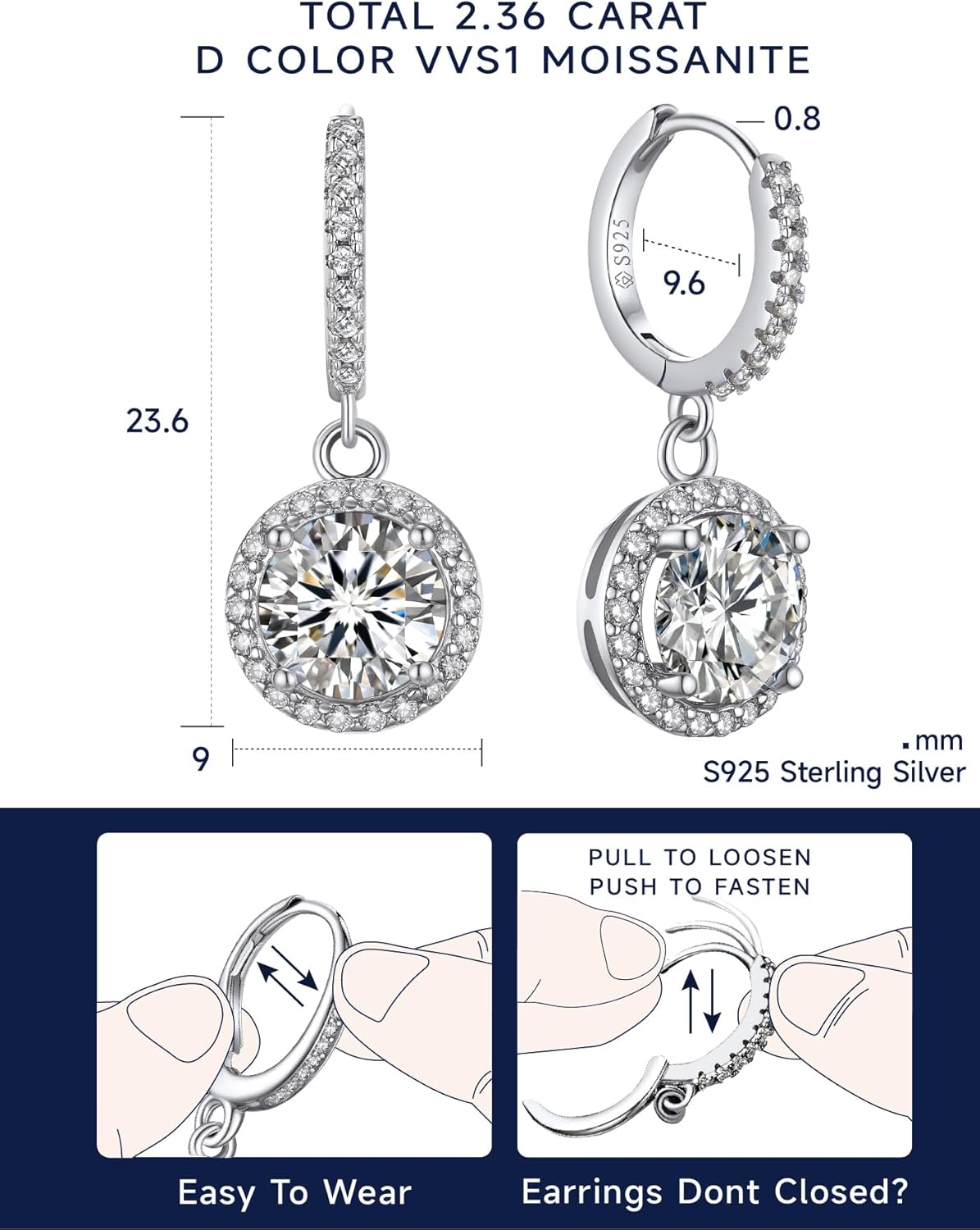 MomentWish Dangle Earrings for Women-925 Sterling Silver Moissanite Earring, Women's Gift for Valentine Birthday, D Color VVS1 Dancing Moissanite Hoops - Image 8