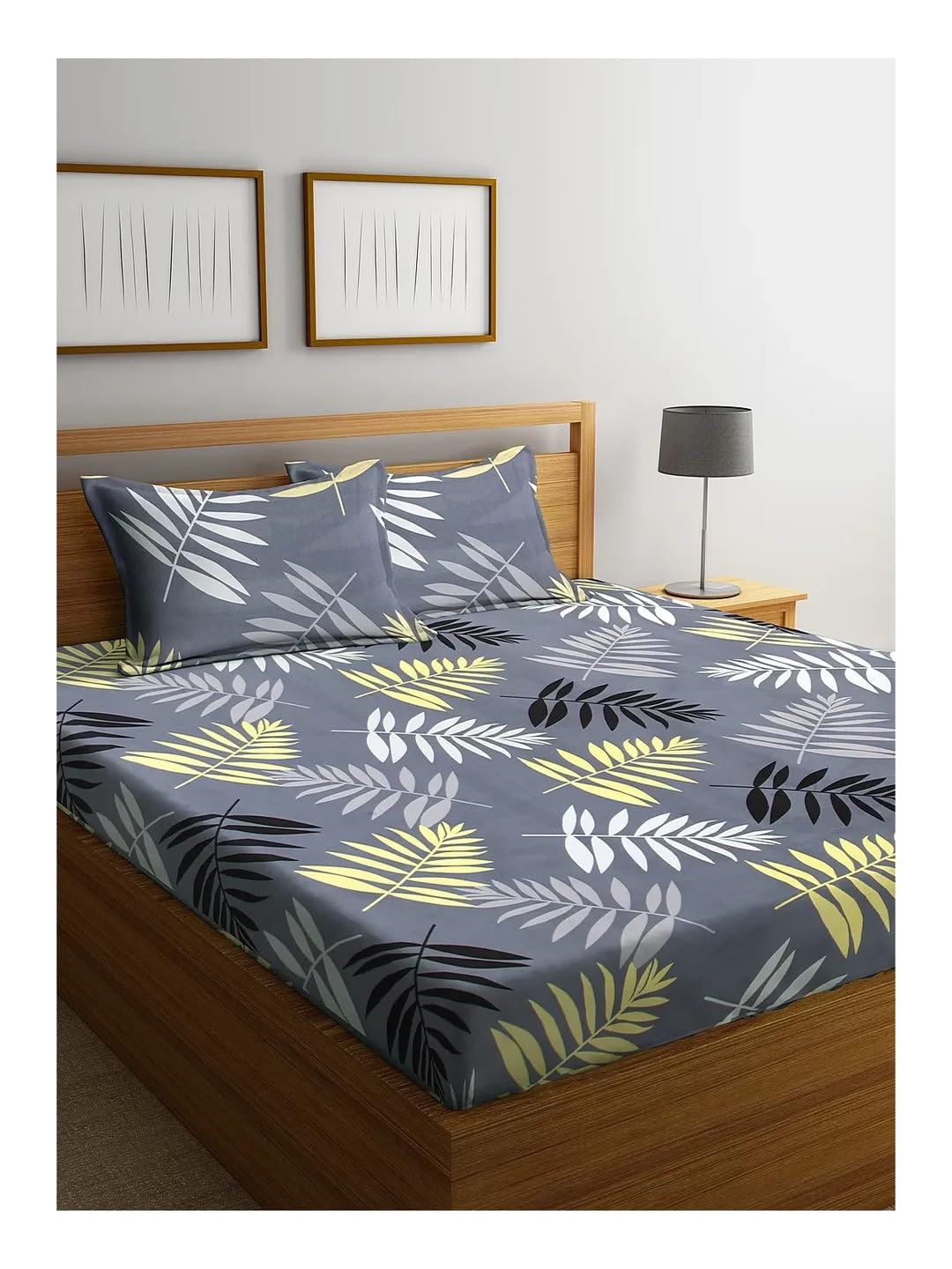 KLOTTHE Cotton Blend King Size Bedsheet Set with 2 Pillowcases - Grey Botanical Leaf Design | Breathable Soft Flat Sheet for Double Bed