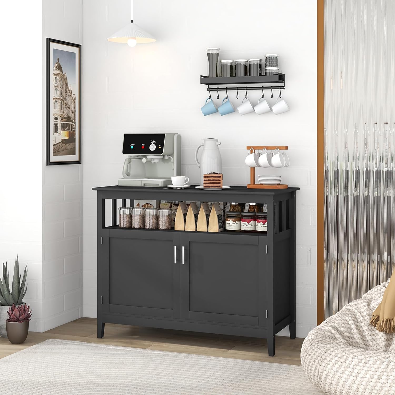 LOKO Buffet Cabinet with Storage, Freestanding Kitchen Cabinet with Adjustable Shelf, Storage Sideboard Console Table, 45 x 20 x 36 inches (Black)