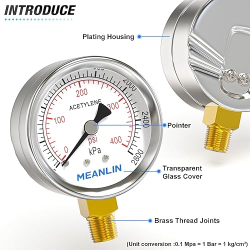 Miniatura 4 de MEANLIN MEASURE Manómetros de baja y alta presión para regulador de acetileno 14" NPT 2.5" Dial de cara, 30 Psi y 400 Psi Calibres de repuesto