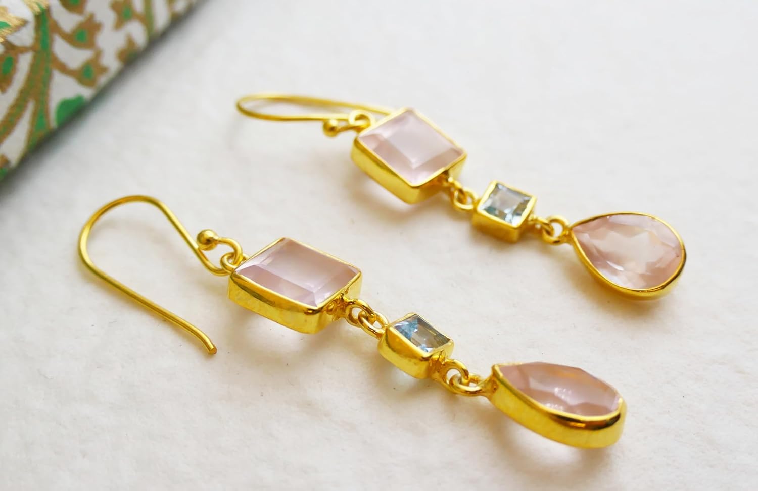 Rose Quartz and Blue Topaz Gold Plated Sterling Silver Drop Earrings - Handmade Gemstone Jewelry Gift Ideas for Women - Bridal Wedding Birthday Valentine's Mother's Day Gift Hypoallergenic - Image 4