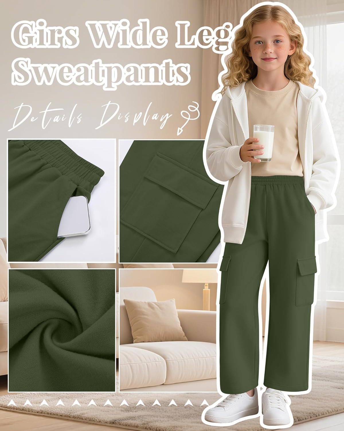 4 Pack Girl's Wide Leg Sweatpants with Cargo Pockets Baggy Elastic High Waist Pants Kids Casual Athletic 5-14Y - Image 5