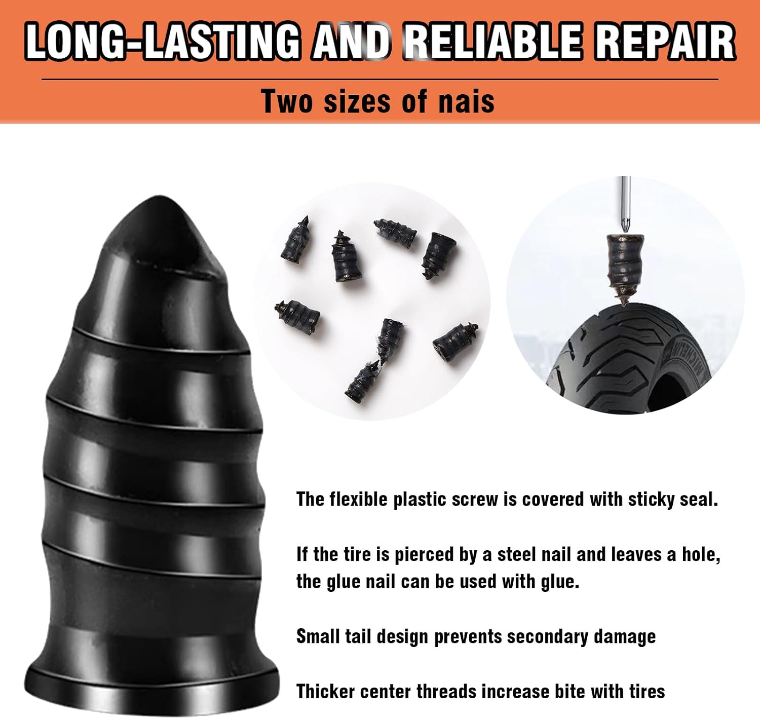 Bellisinno Tire Repair Glue, Sidewall Rubber Cement Kit, Two Sizes Nail, Suitable for Bike, Car, Motorcycle, Off-Road, Truck, Tractor, Black, 10ml*2