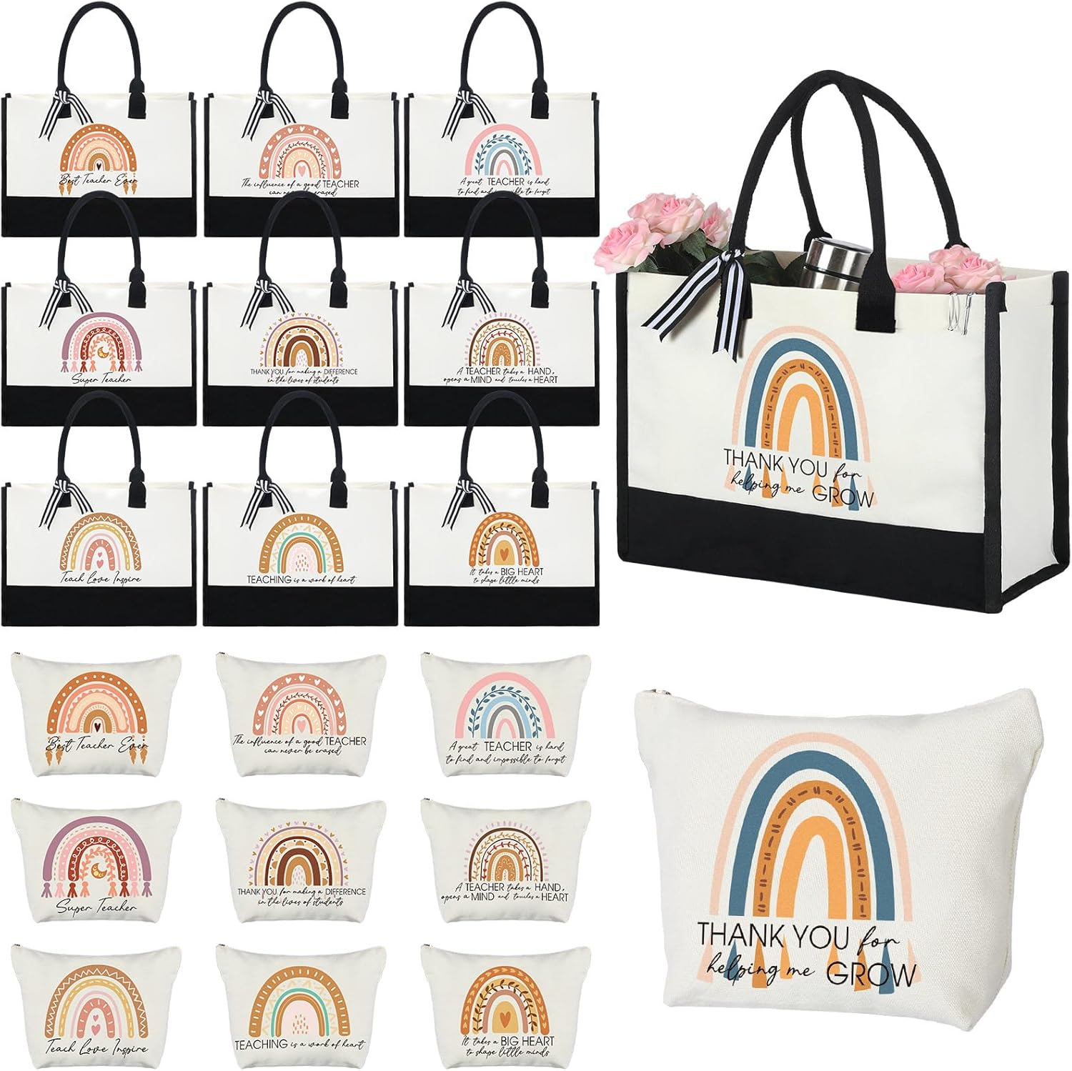 Sweetude 20 Pack Teacher Appreciation Gift Bulk Christmas Gifts Teachers Day Gifts Rainbow Canvas Tote Beach Bag for Women(Classic)