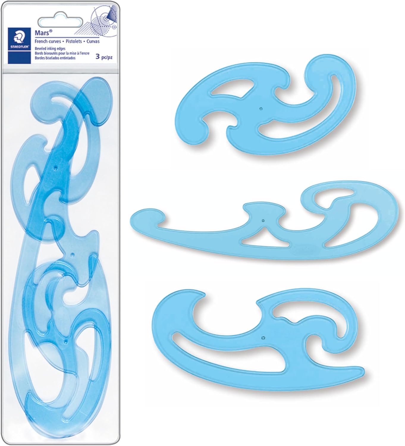 STAEDTLER Mars Professional French Curve Design Ruler Set for Pattern Making, 3 Essential A B C Shapes, Blue Transparent Plastic with Inking Edge