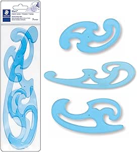 STAEDTLER Mars Professional French Curve Design Ruler Set for Pattern Making, 3 Essential A B C Shapes, Blue Transparent Plastic with Inking Edge