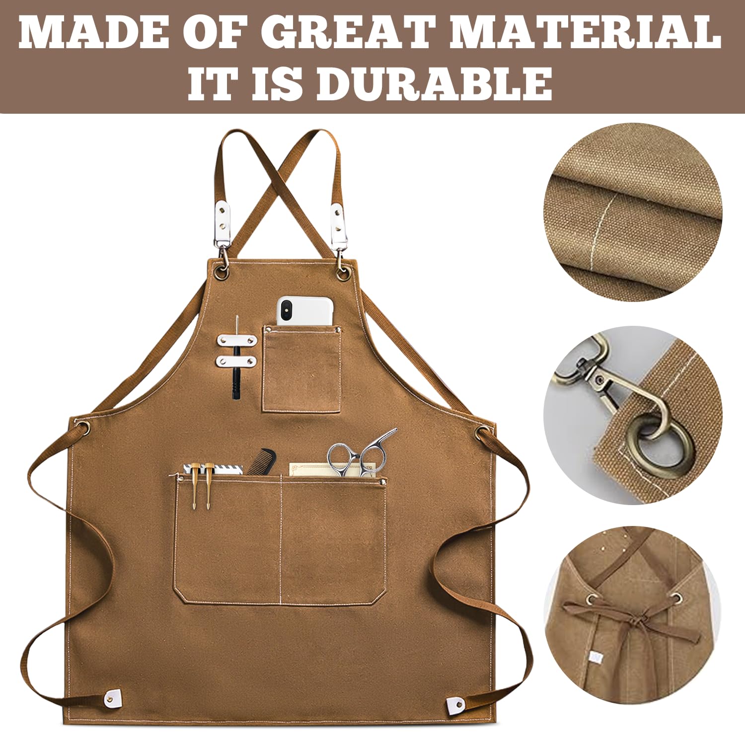 Grembiule da Lavoro Uomo in Tela, 68 * 78cm Grembiule da saldatura con Tasche per Attrezzi, Grembiule Donna/Uomo Durevole di Tela per Giardino,Cucina,Garage(Marrone)