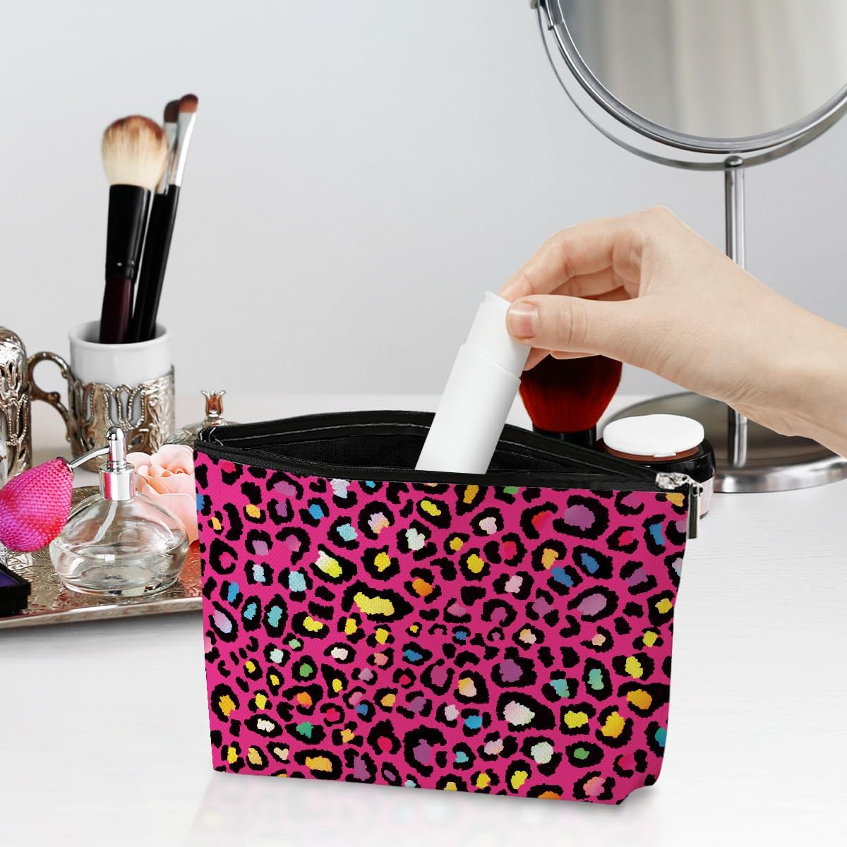 4 Pack Rainbow Leopard Print Makeup Bag Cosmetic Bags,Leopard Decor Gifts for Women Cheetah Lovers Daughter Girl Friend Sister Niece Nurse Friendship Anniversary Christmas Waterproof Toiletry Bag - Image 2