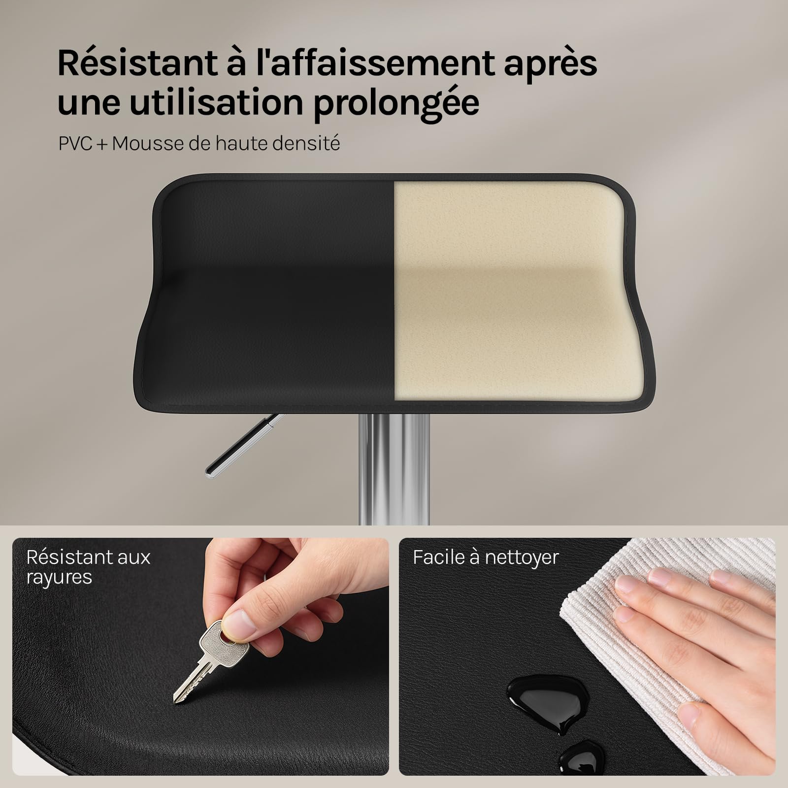 WOLTU Tabouret Bar, Hauteur Réglable, PVC+Métal, Noir+Argent | Chaise de bar, Siège pivotant à 360°, avec repose-pieds, pour Cuisine, Salle à Manger