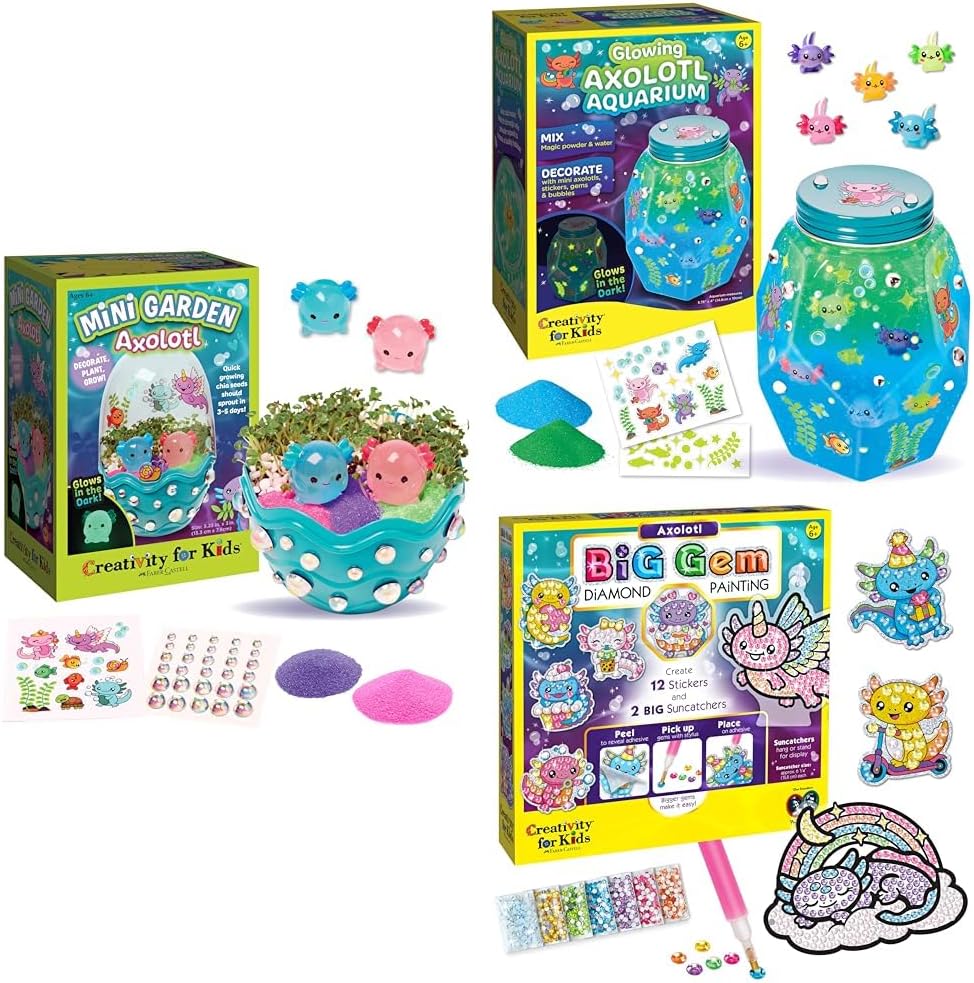 Creativity for Kids Axolotl Craft Bundle - Mini Garden Terrarium, Glowing Aquarium, and Diamond Painting Kit with Stickers & Suncatchers (Ages 6+)