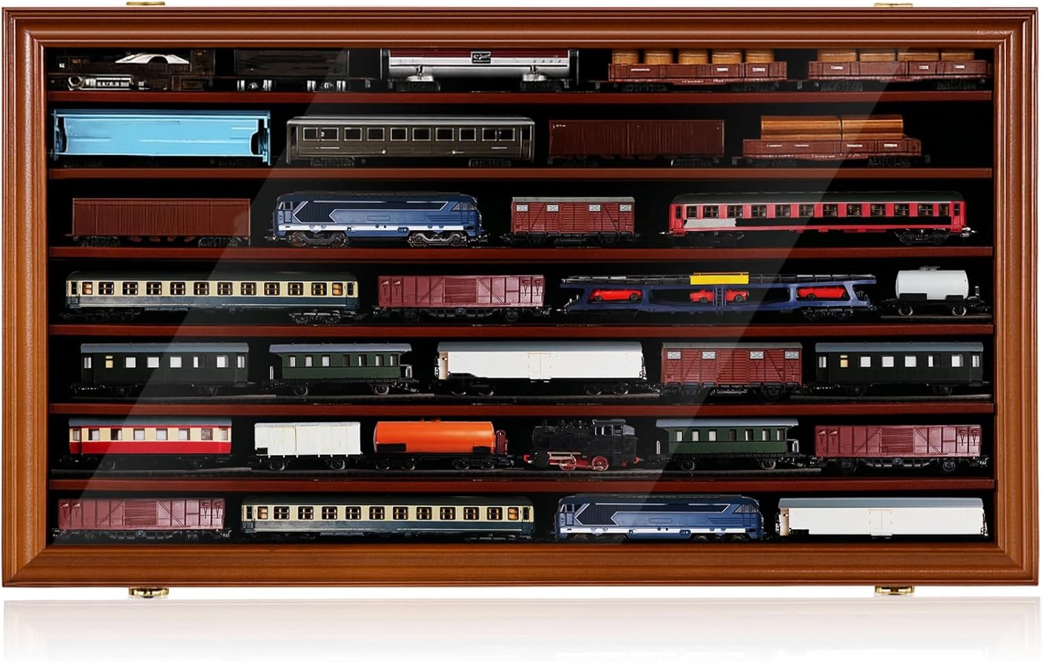 N Scale Model Train Display Case Wall Cabinet with 6 Shelves Lockable 98% UV Protection for Locomotive Collection Holder Gift for Christmas Model Trains Collectors, 1: 148 to 1:160 Scale Car Walnut Finish N Scale Traditional