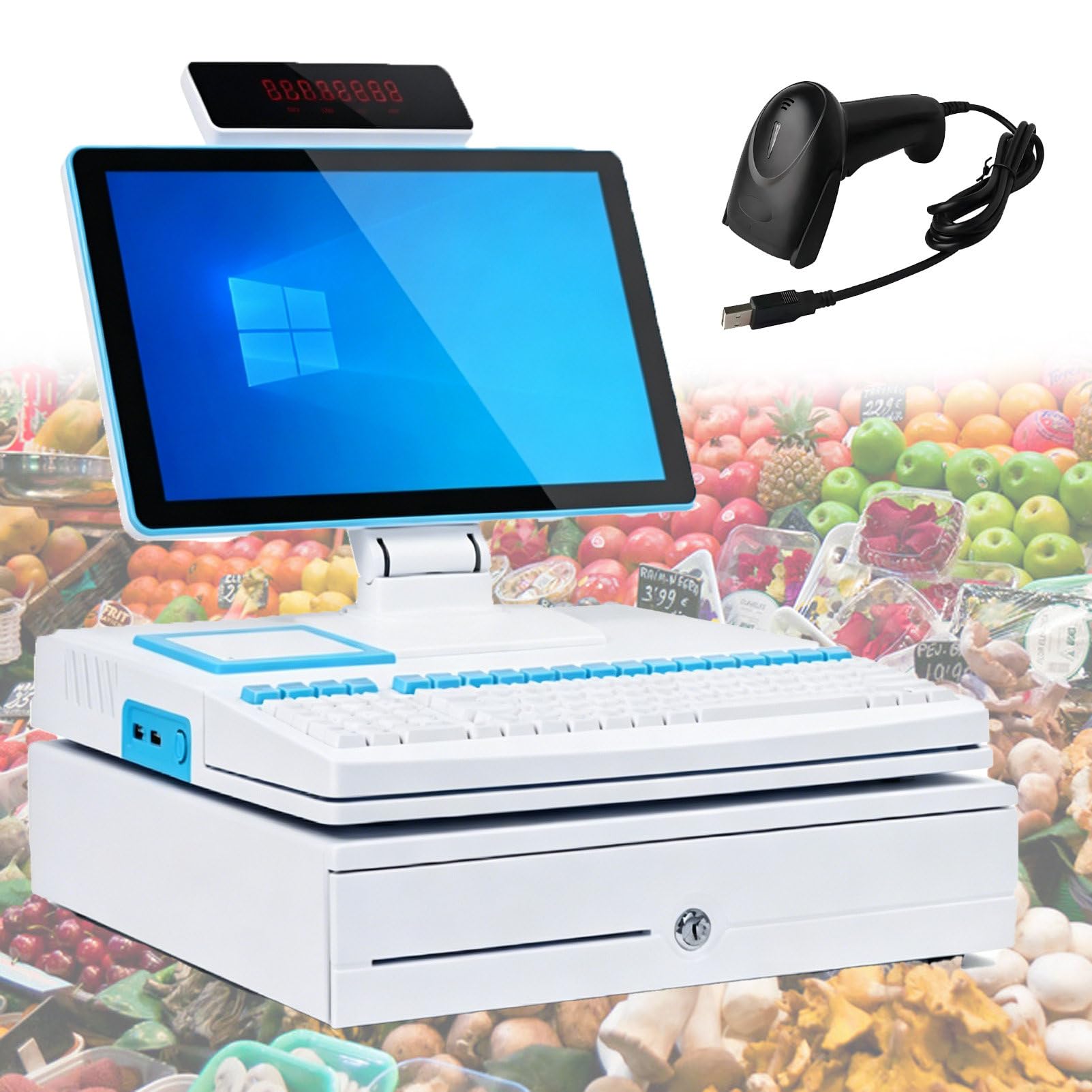 Pvxa All-in-One Touch Screen Single/Dual Monitor Cash Register, with 15.6" Touch Screen Monitor, Cash Drawer Barcode Scanner, for Small Businesses and Reta Black SingleScreen-White