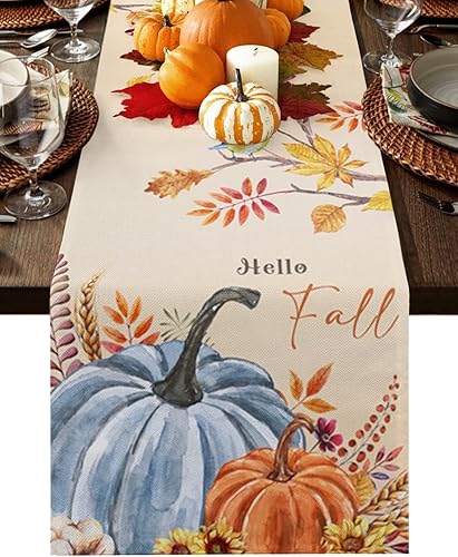 Miniatura 9 de Camino de mesa de otoño de calabaza blanca y azul, caminos de mesa de cosecha de Acción de Gracias, hojas de eucalipto azules, algodón y lino,