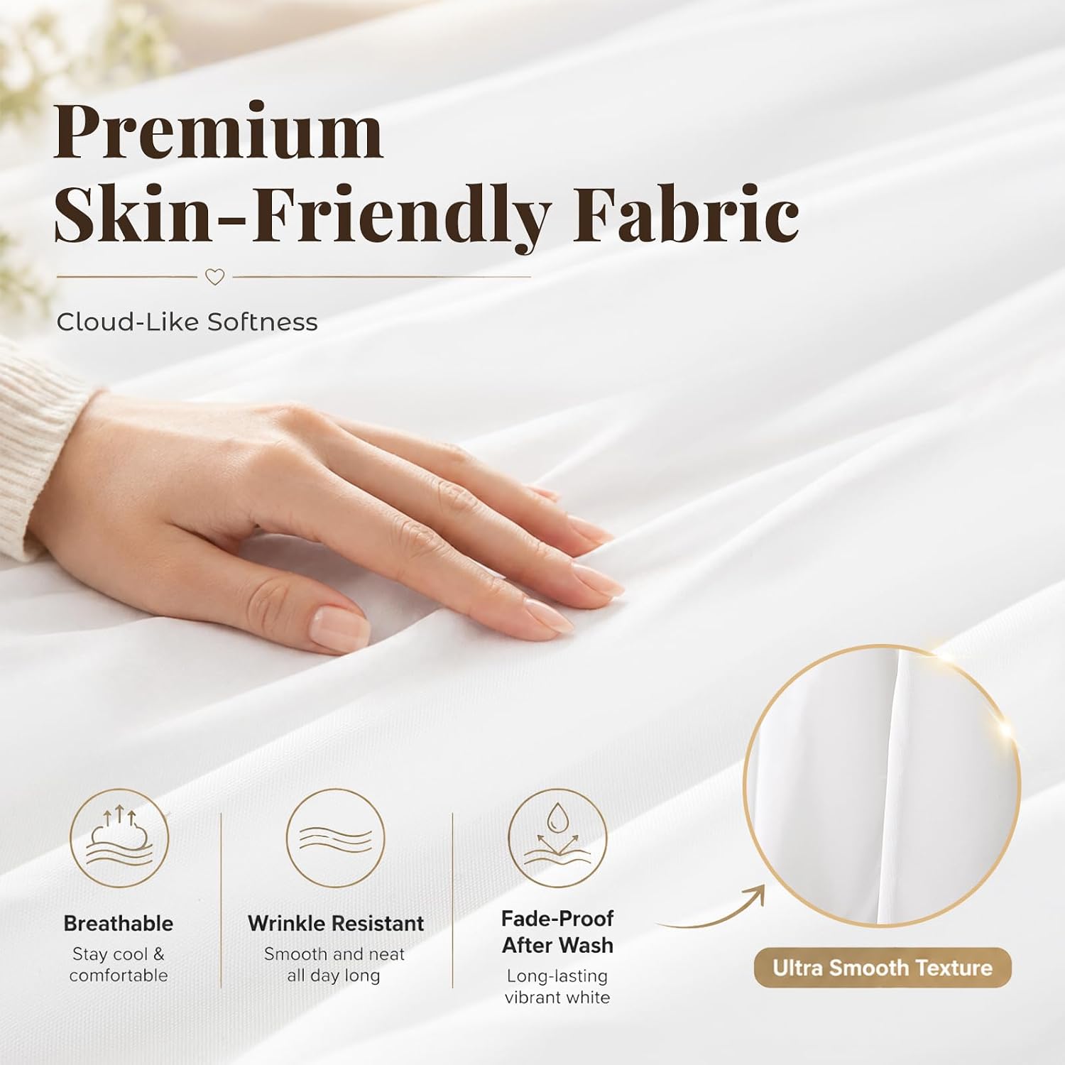 White Wrap Around Bed Skirt, Floral Trim, Queen | Adjustable elastic wrap-around design with floral trim adds a decorative finish and helps conceal the bed frame and storage.