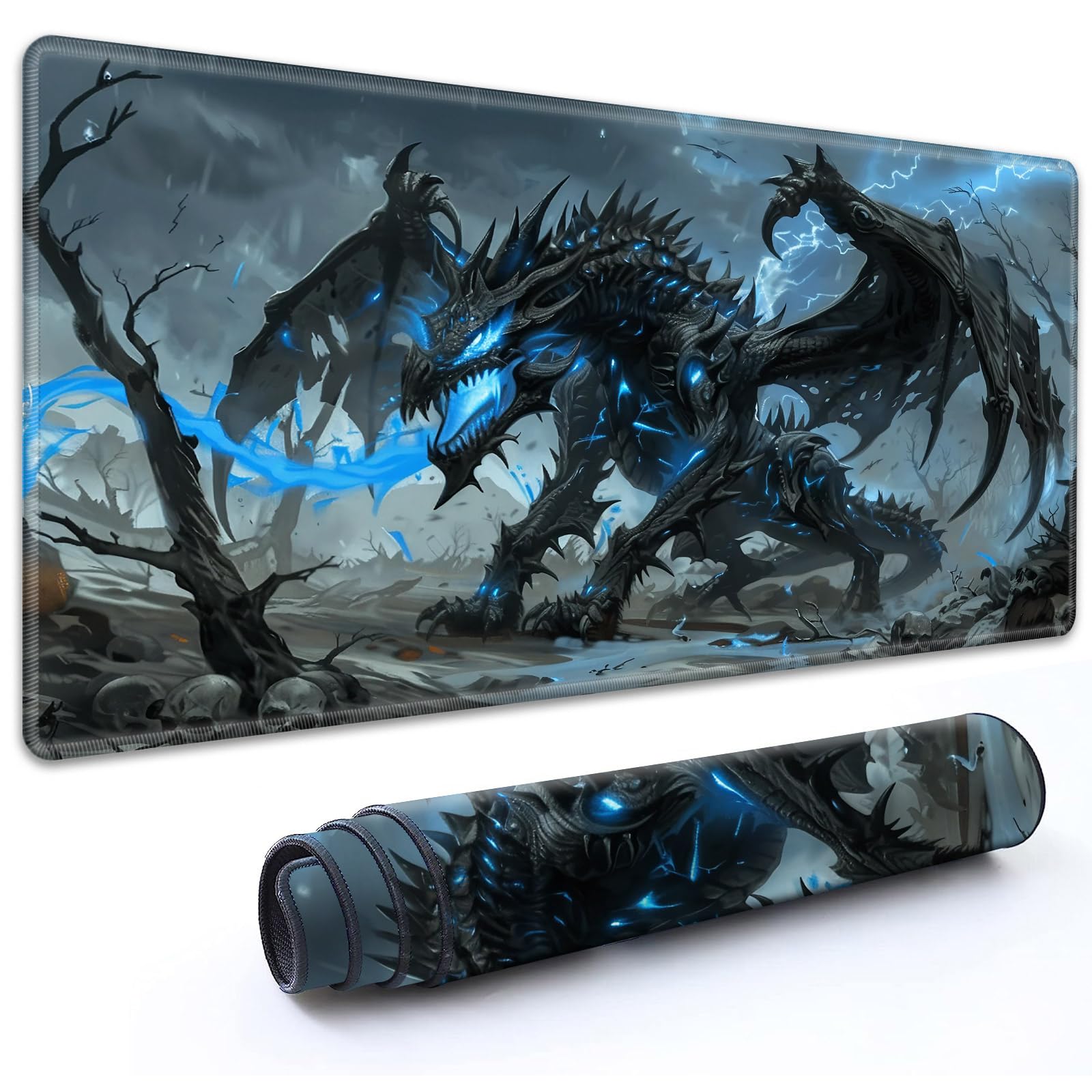 RMJKXQZG for MTG Playmat 35.5" x 19.7"(90cm x 50cm) with High Elastic Rubber Base Non-Slip Rubber Sole HD Printing for TCG Mat Magic Playmats MTG Game Mat, Dragon with Blue Glowing Eyes