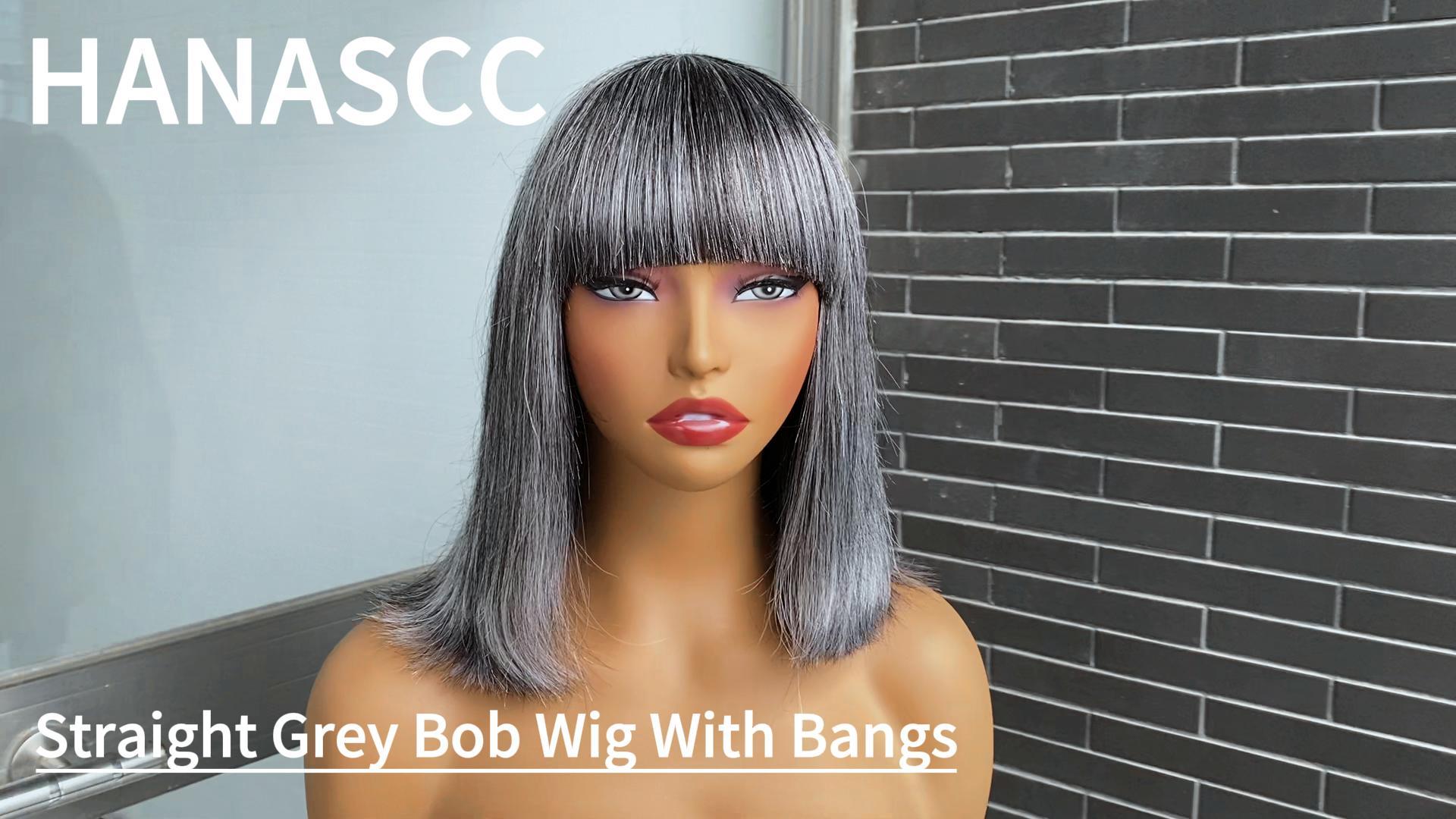 Salt and Pepper Human Hair Bob Wig with Bangs Glueless Straight Short 10 Inch Salt & Pepper Human Hair Pixie Cut Glueless Wig with Bangs main image 4