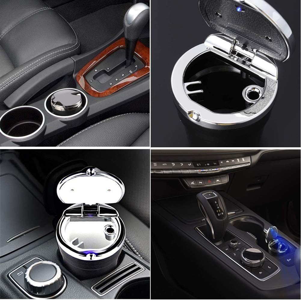 Car Cigarette Ashtray with Lid, Auto Car Ashtray Cup Holder and Blue LED Light Indicator, Portable Vehicle Cigarette Ashtray Ash for Home, Office (Black)