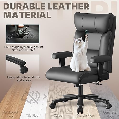 Vista 6 de Silla de oficina, silla ergonómica de oficina grande y alta de 750 libras, silla de juegos de cuero con respaldo alto, silla ejecutiva ancha