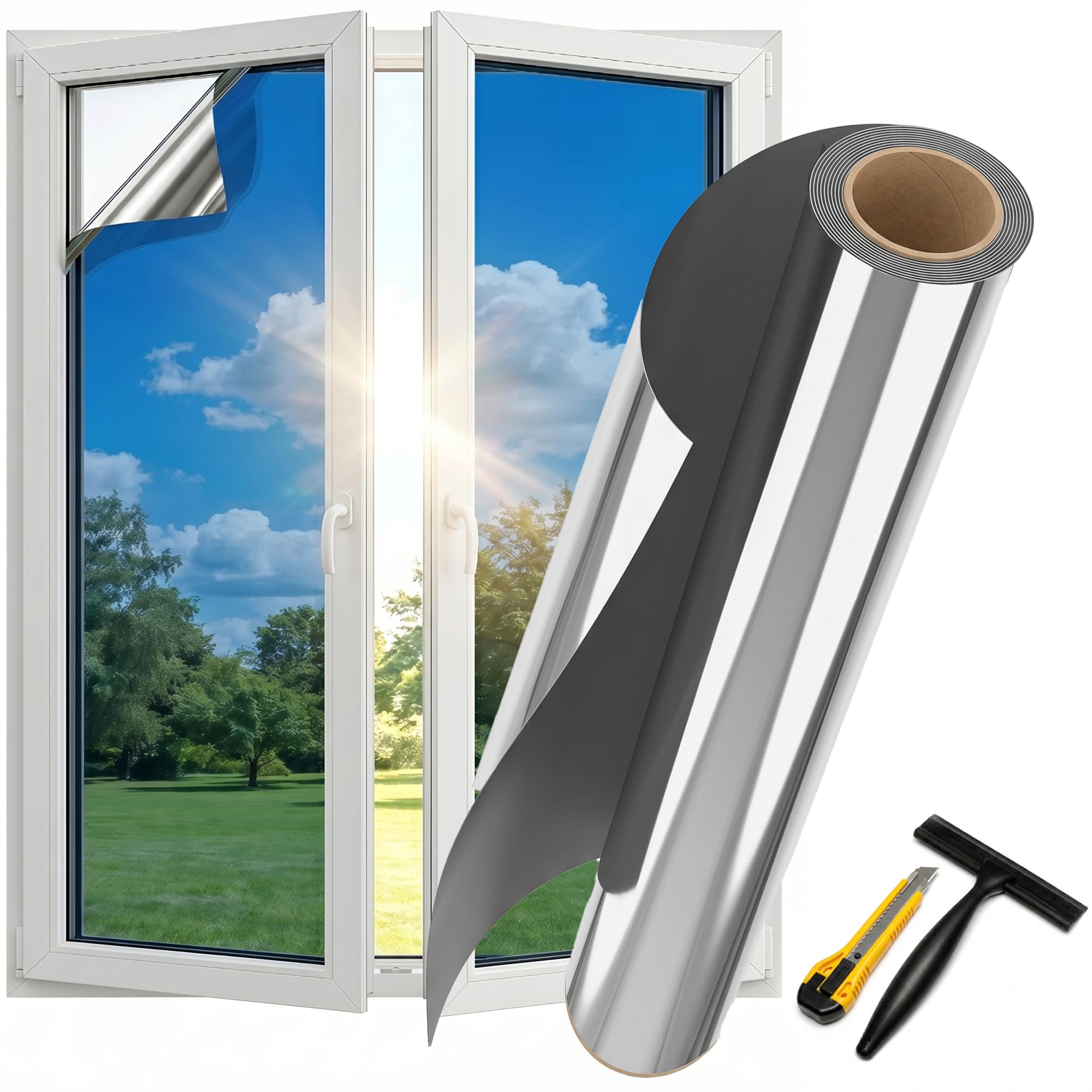 Spiegelfolie Fenster Sichtschutz Fensterfolie Sonnenschutz Hitzeschutz innen oder außen Sichtschutzfolie Selbstklebend UV Folie Sonnenschutzfolie Rückstandslose