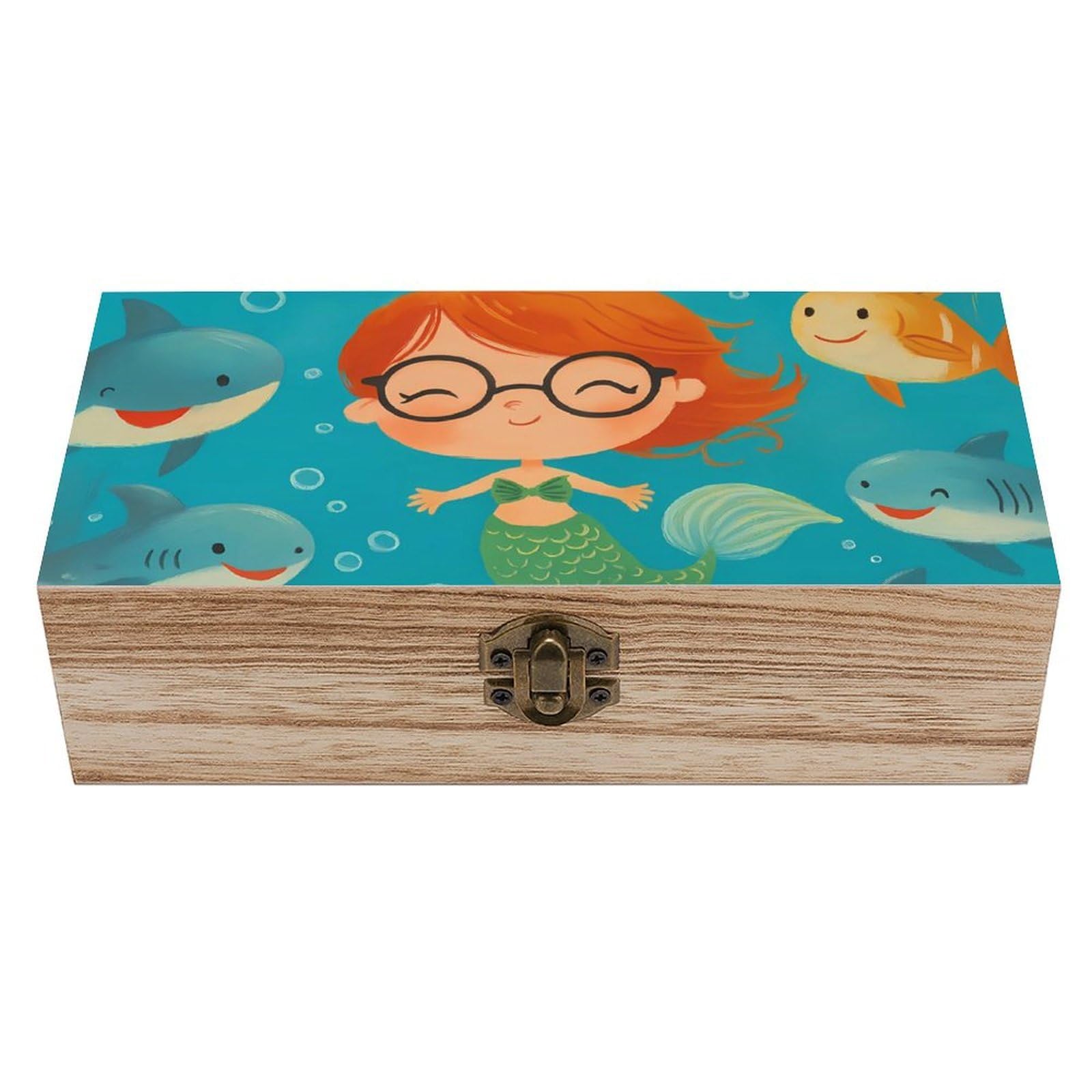 HLBSDM Cartoon Mermaid with Glasses Retro Wooden Storage Box Jewelry Art Gift Boxs Decorative Keepsake Boxes