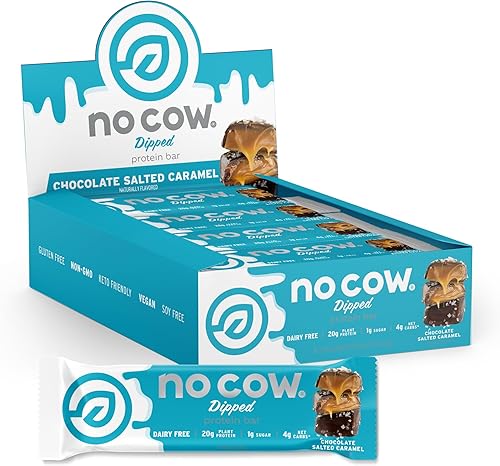 No Cow - Barras de proteína recubiertas, 20 gr. de proteína vegetal, bajas en azúcar, carbohidratos y calorías, no gluten, lácteos ni OGM,