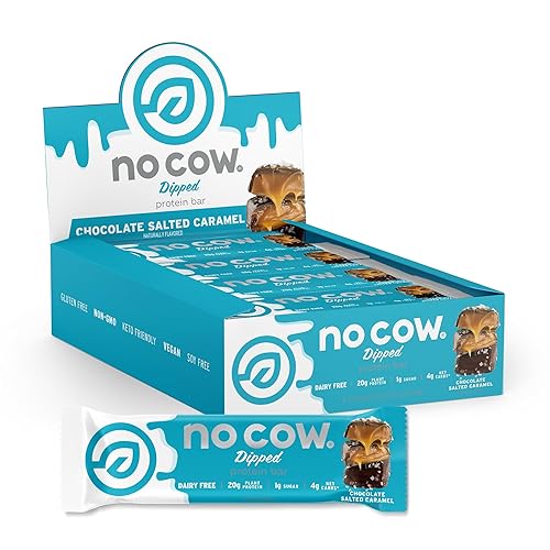 No Cow High Protein Bars, Chocolate Salted Caramel - Healthy Snacks, 20g Vegan Protein, High Fiber, Low Sugar, Keto Friendly, Dairy & Gluten Free (12 Count) - Dipped - Chocolate Salted Caramel - 12 Count (Pack of 1)