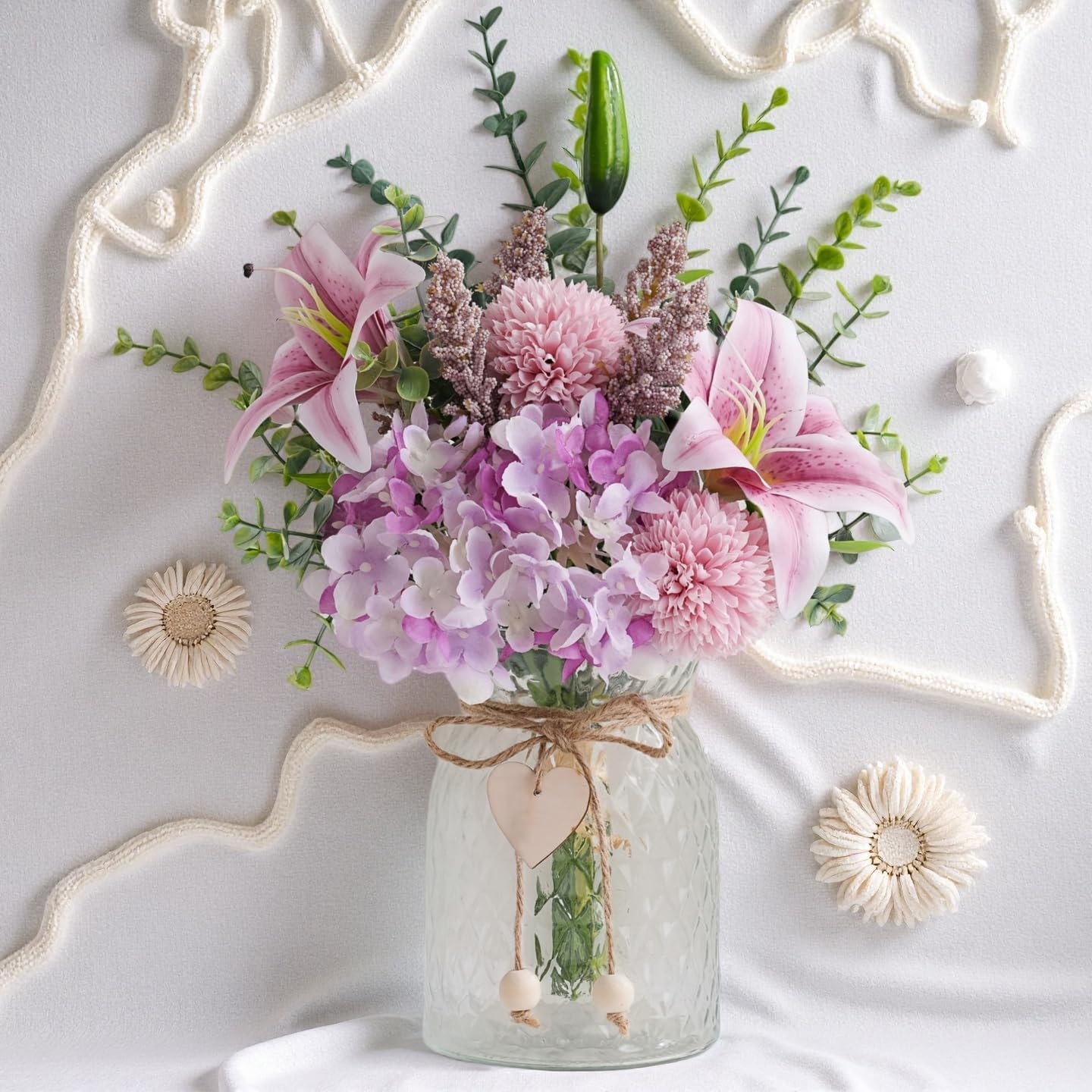 LUEUR Faux Flowers with Vase, Artificial Silk Flowers in Vase, Fake Pink Lily,Purple Hydrangea and Dandelion flower, Arrangement for Home Spring Decor Dining Table Centerpiece Decorations Coffee Table