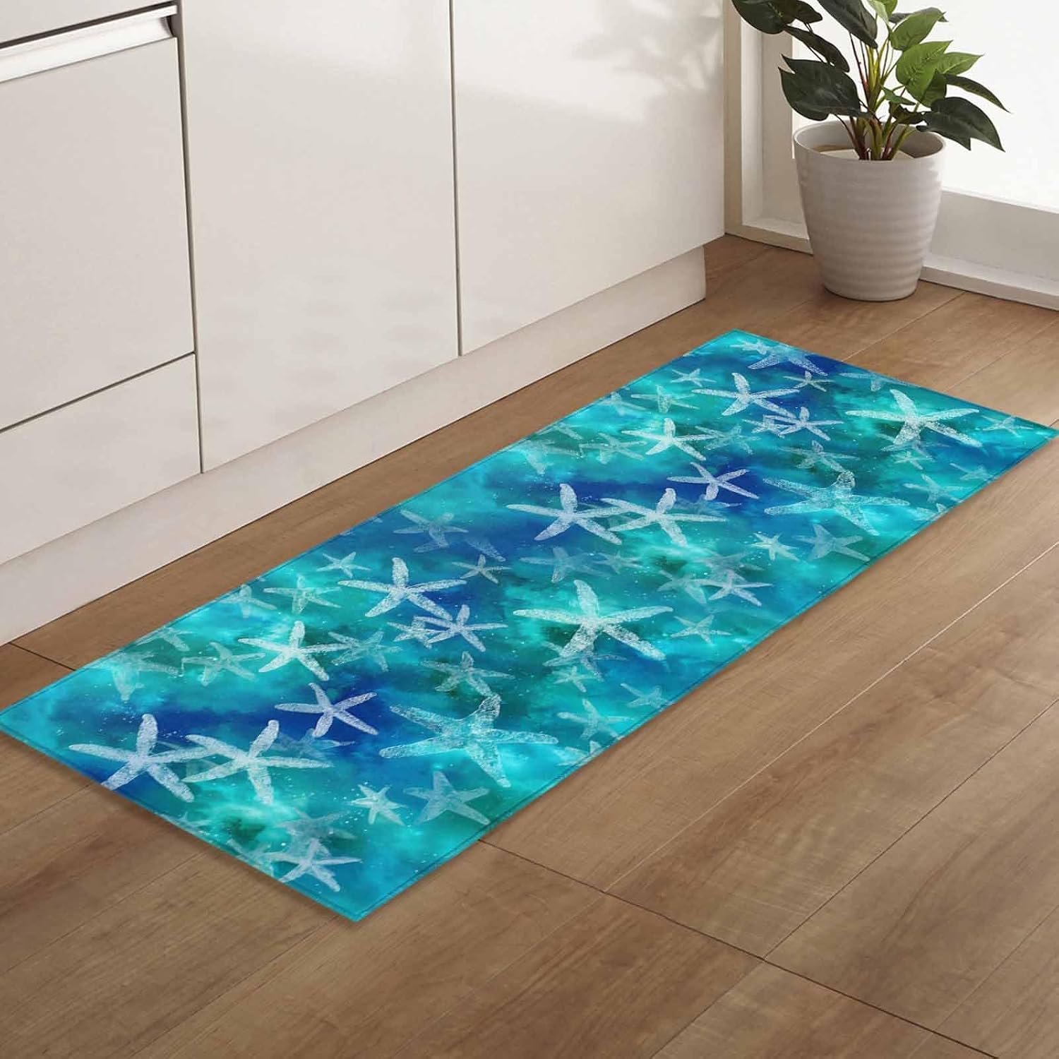 Teamery Kitchen Mats for Floor Fancy Ocean Starfish Teal Blue Washable Non Slip Kitchen Rugs 1PCS, Watercolor Marine Life Absorbent Standing Mats for Sink Bathroom Office Living Room 15.7x47.2in