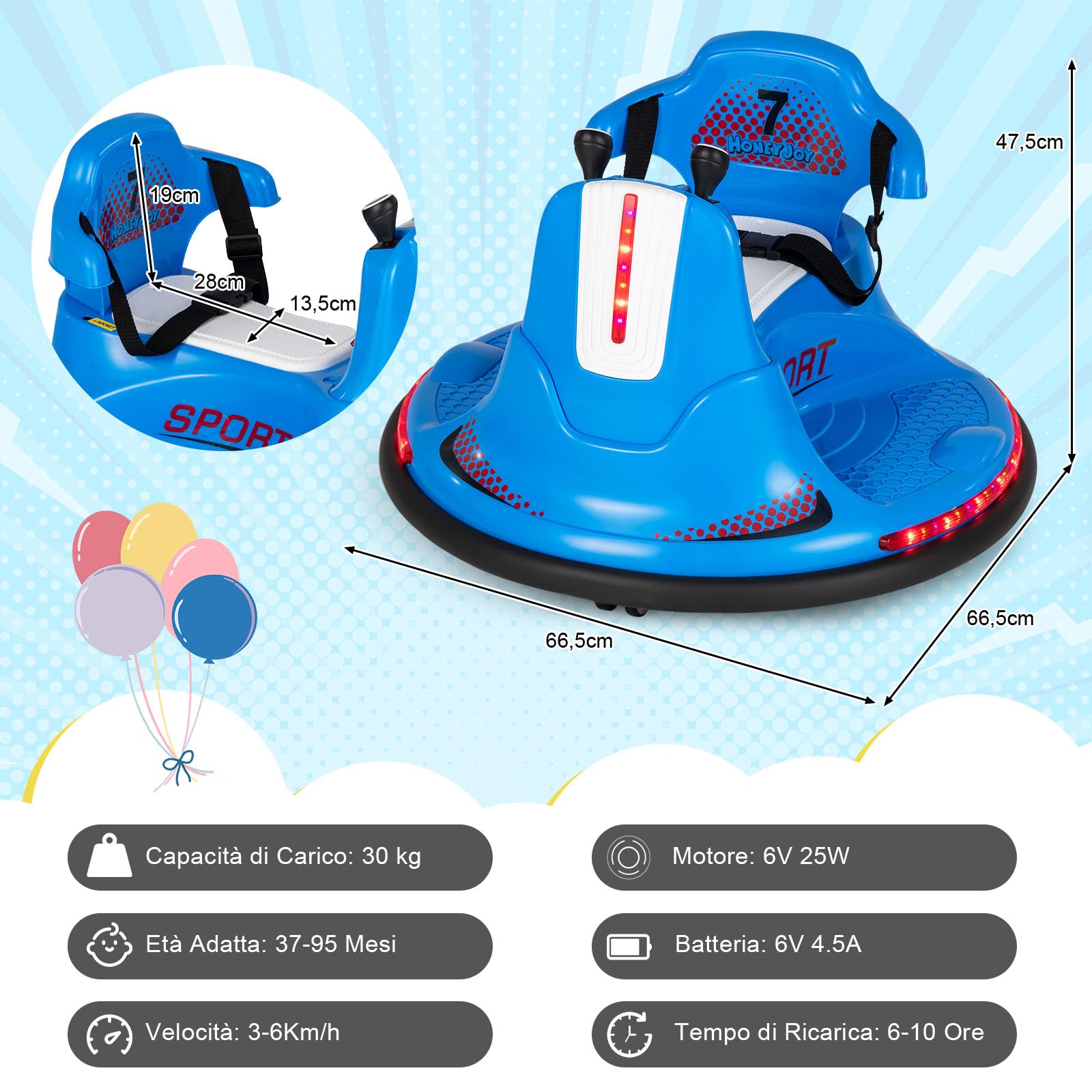 RELAX4LIFE Autoscontro Elettrico per Bambini da 6V con Telecomando, Musica, 3-6KM/H, Cintura Regolabile, Luci LED, 360 Gradi, Funzione di Avvio Lento, Portata 25KG,3-7 Anni (BLU)