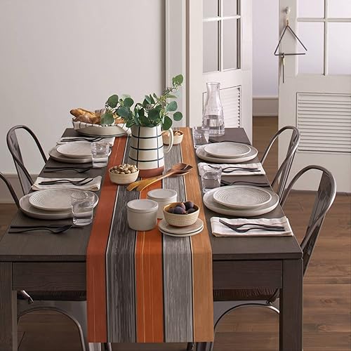 Miniatura 66 de Camino de mesa de algodón y lino estilo granja rústico retro, textura de madera de granero, color degradado marrón y gris, antideslizante,