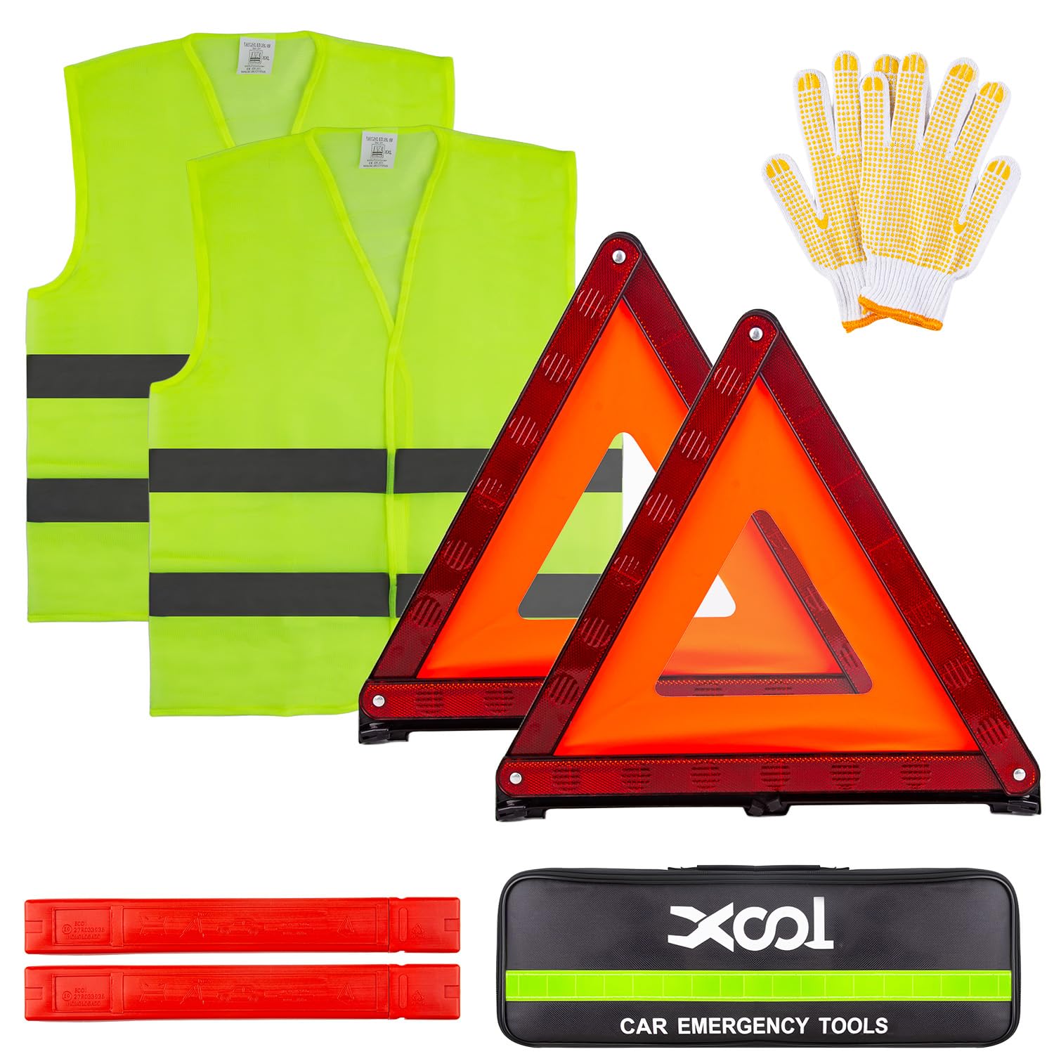 XOOL Emergency Warning Triangle Kit – Roadside Safety Kit with Reflective Warning Triangles, High-Visibility Safety Vests, Storage Bag & Gloves for Car Breakdowns & Emergencies