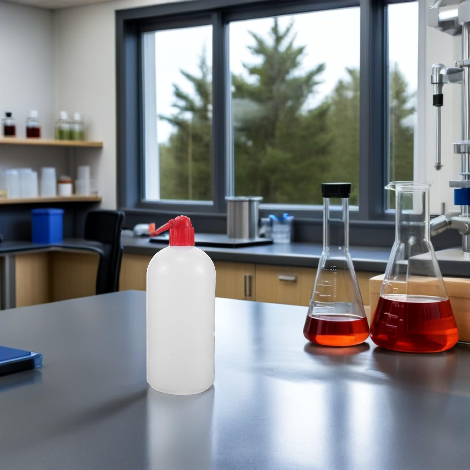 6 Stück Labor Quetschflasche 1000 ml aus Kunststoff mit Rotem Sicherheitsverschluss Schmalem Ausguss und Skalen Präzise Spülflasche für Chemische Reinigung im Labor