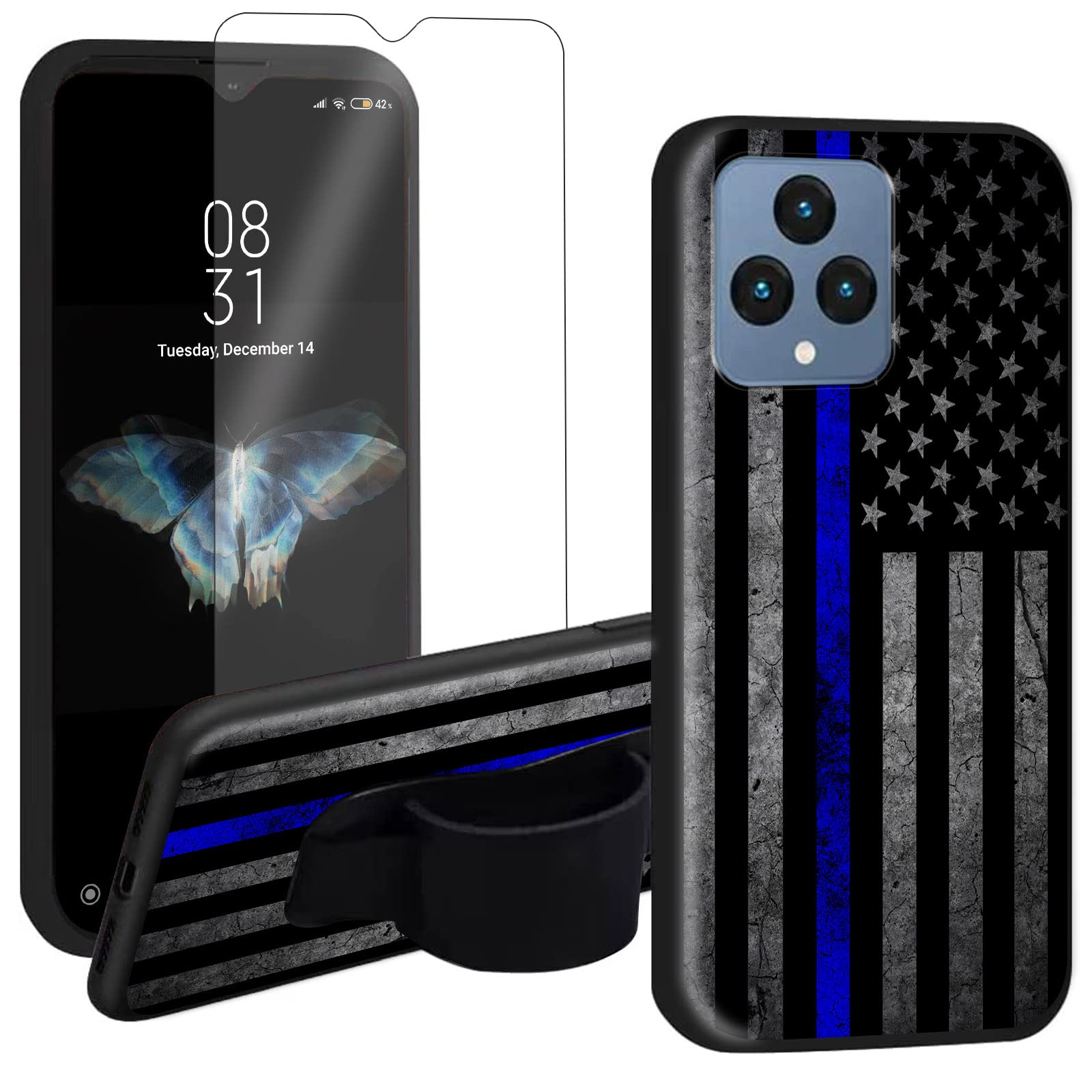 Case for T-Mobile Revvl 6 5G 2022 with Phone Loop Finger Holder & Screen Protector, Elastic Hand Strap Grip Holder Stand Case Shockproof TPU Cover for Revvl 6 5G 6.52", Thin Blue Line American Flag