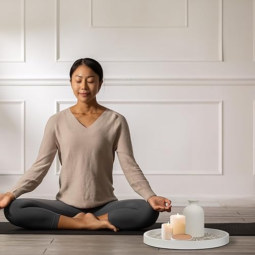 Miniatura 2 de Bandeja decorativa de madera redonda rústica para mesa de café, decoración de granja con patrón de flores de mandala, bandeja otomana bohemia para