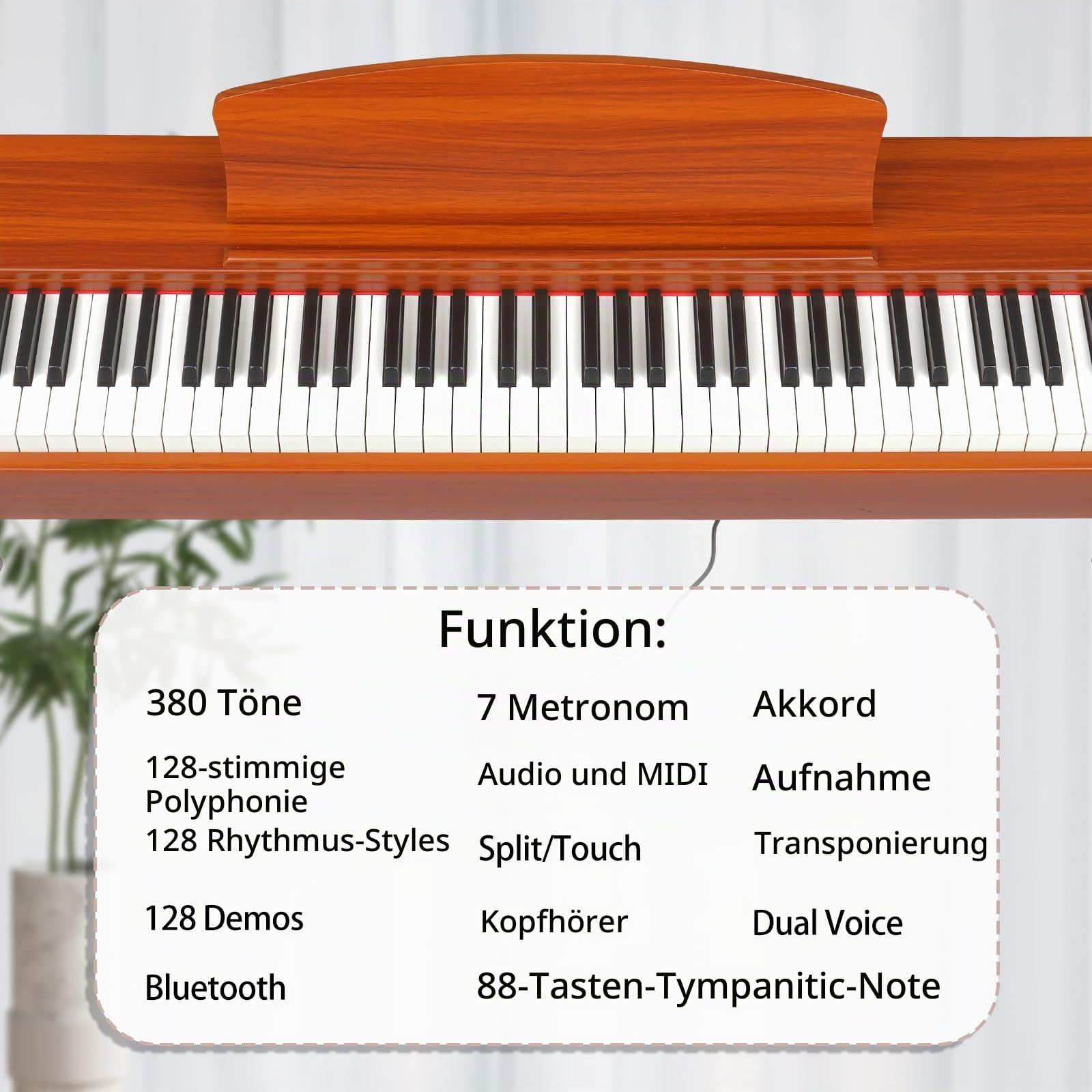 LALAHO E-Piano 88 Tasten Gewichteten, Klavier Digital Piano für Anfänger, Keyboard Piano mit 3 Pedal Einheit, Vierbeinständer, Doppel-Bluetooth, Stereolautsprechern, Rotbraun