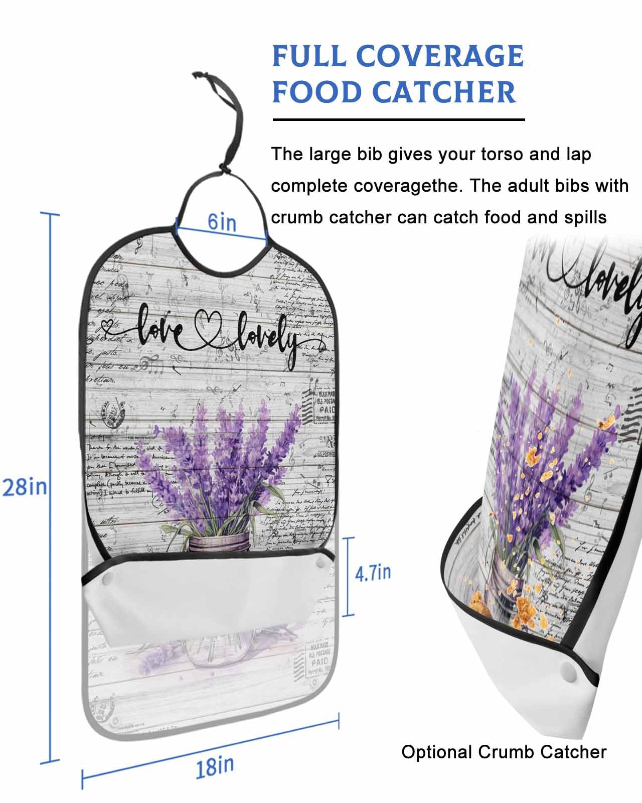 LEOKOTI Purple Spring Floral Adult Bibs for Eating, Waterproof Bibs with Food Catcher & Adjustable Snap Closure, Lavender Vintage Summer Botanical Washable Clothing Protectors Adult Bibs for Elderly
